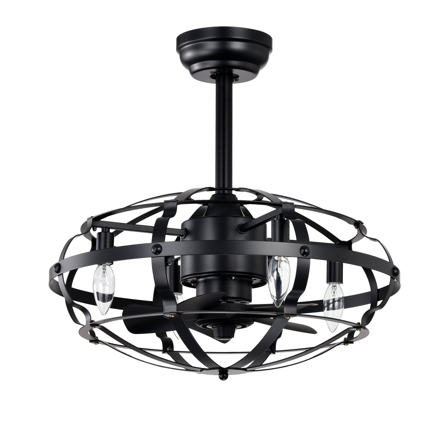Industrial black ceiling fan with cage light fixture and  Edison bulbs