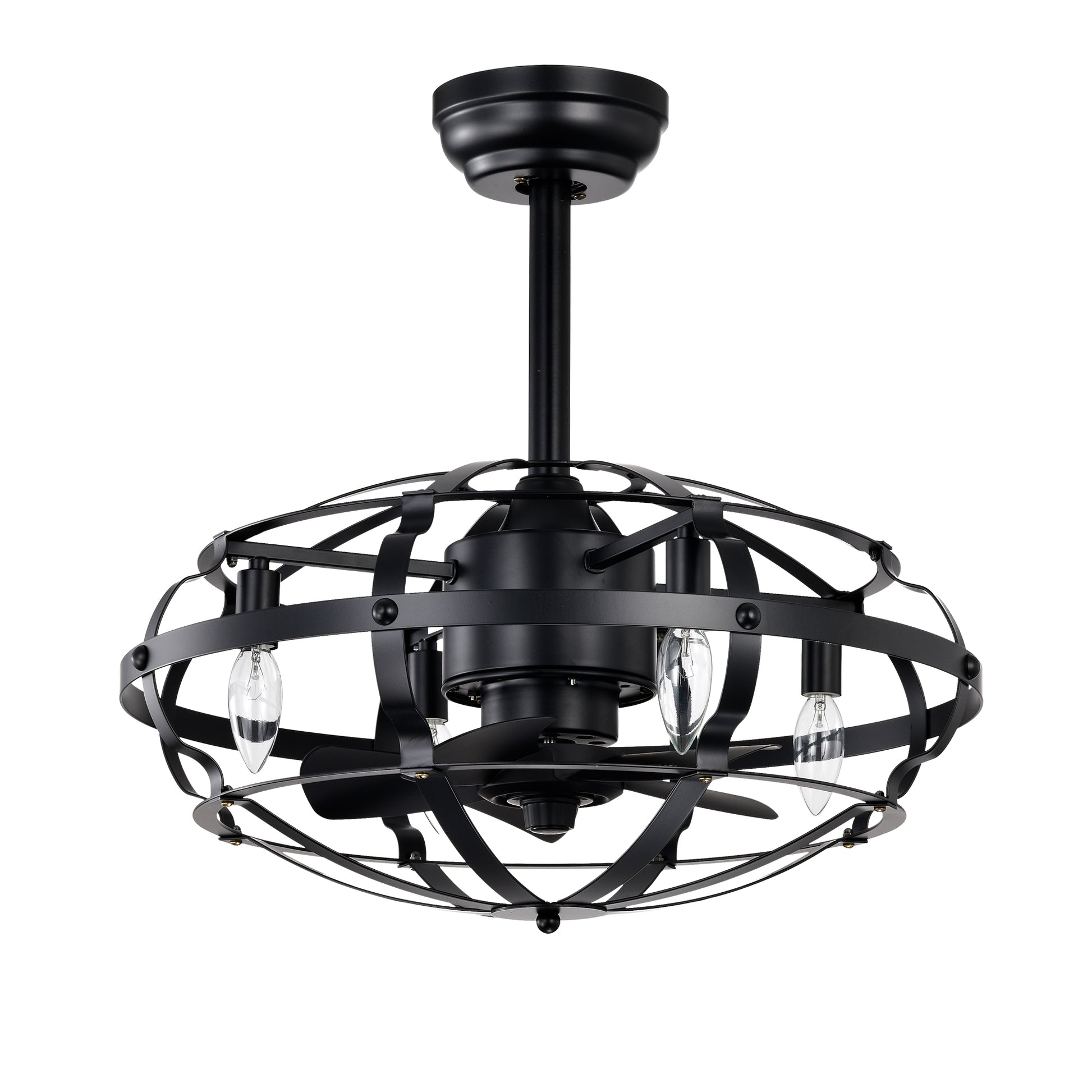 Industrial black ceiling fan with cage light fixture and  Edison bulbs