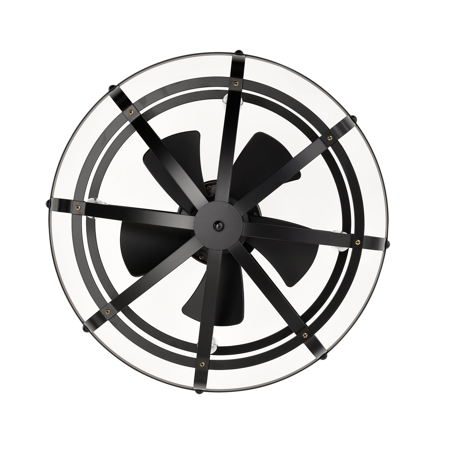 Modern black farmhouse ceiling fan with clear glass shade and metal accents