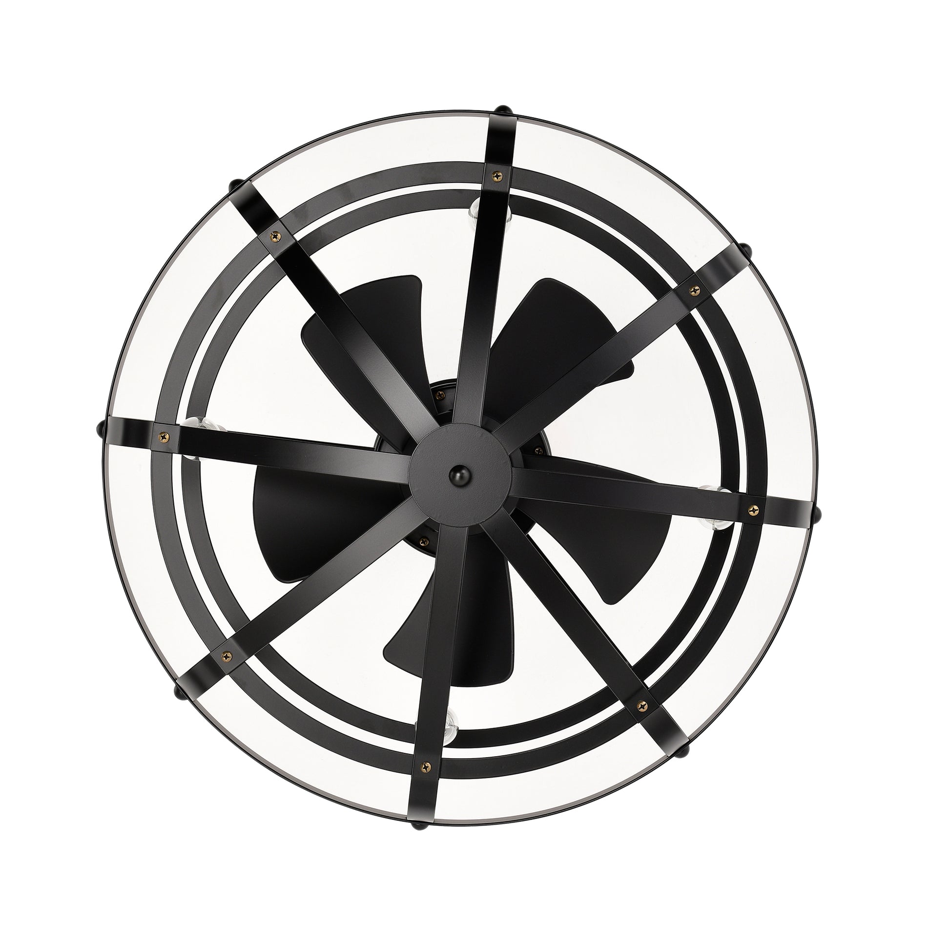 Modern black farmhouse ceiling fan with clear glass shade and metal accents
