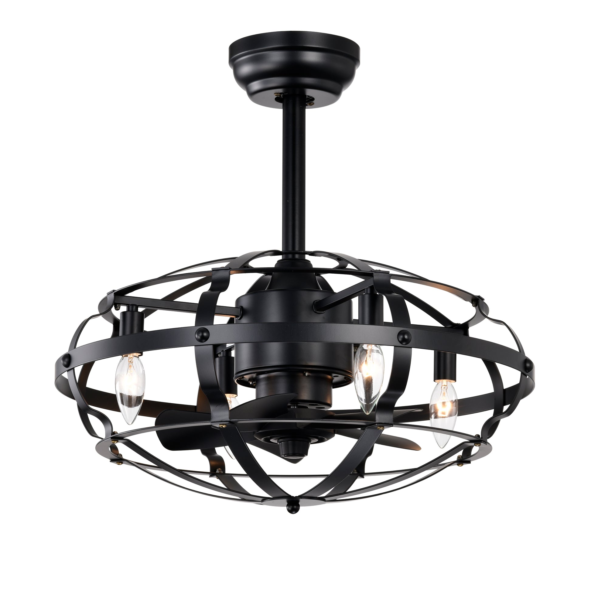 Black metal farmhouse ceiling fan with cage light and three bulbs