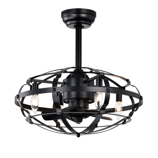 Black metal farmhouse ceiling fan with cage light and three bulbs