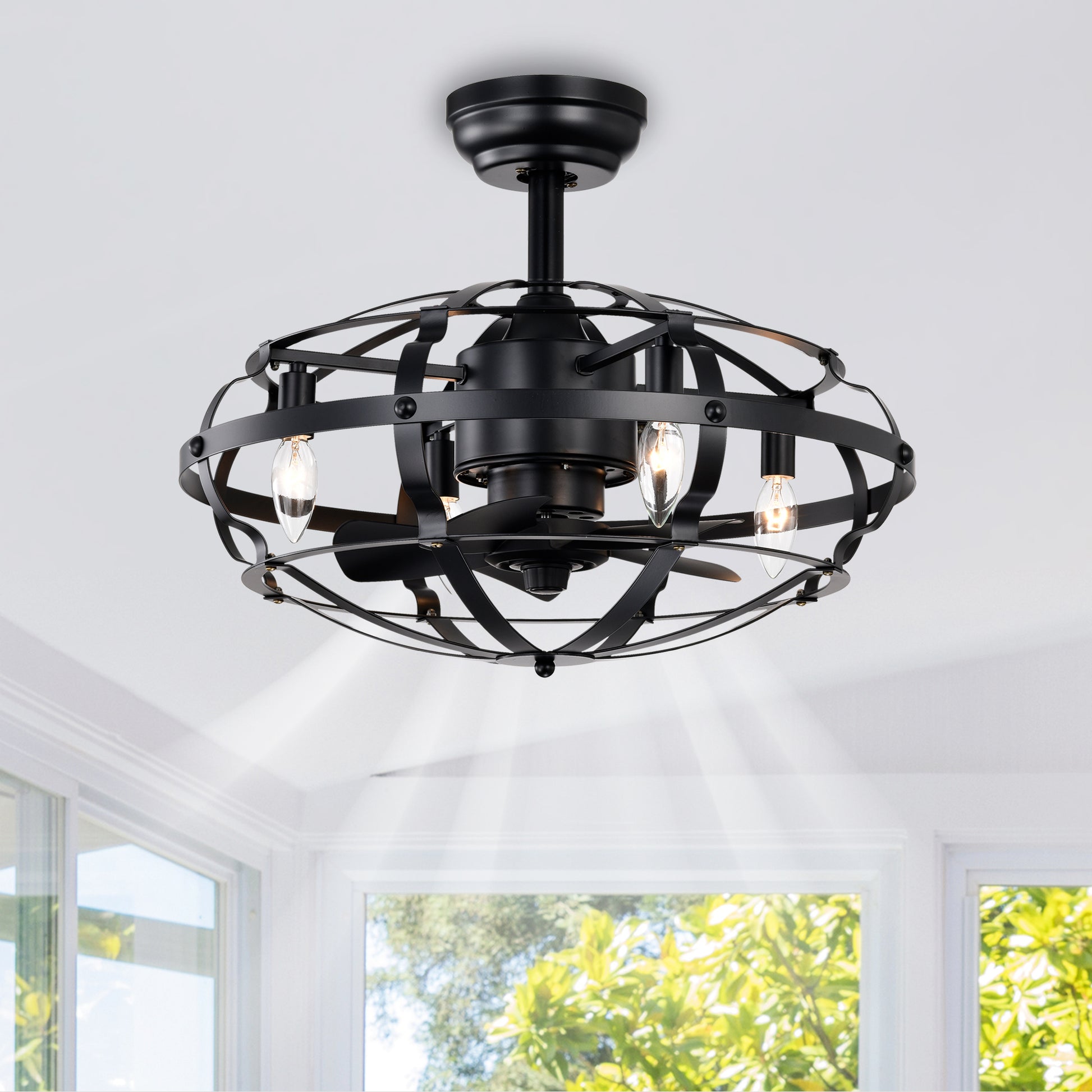 Black industrial cage ceiling fan with three exposed Edison bulbs and visible blades