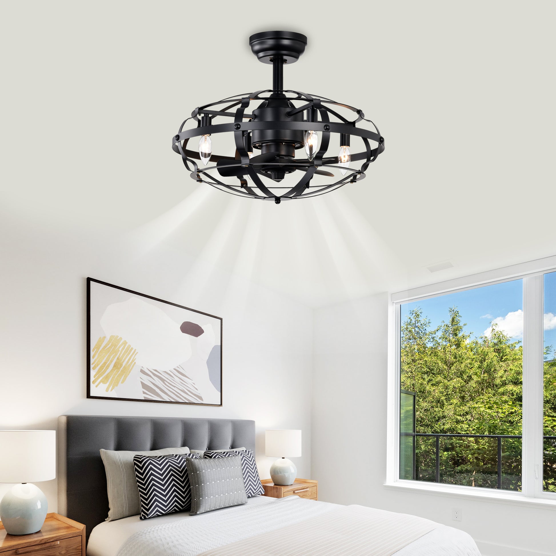 Black farmhouse ceiling fan with open cage design and three Edison bulbs