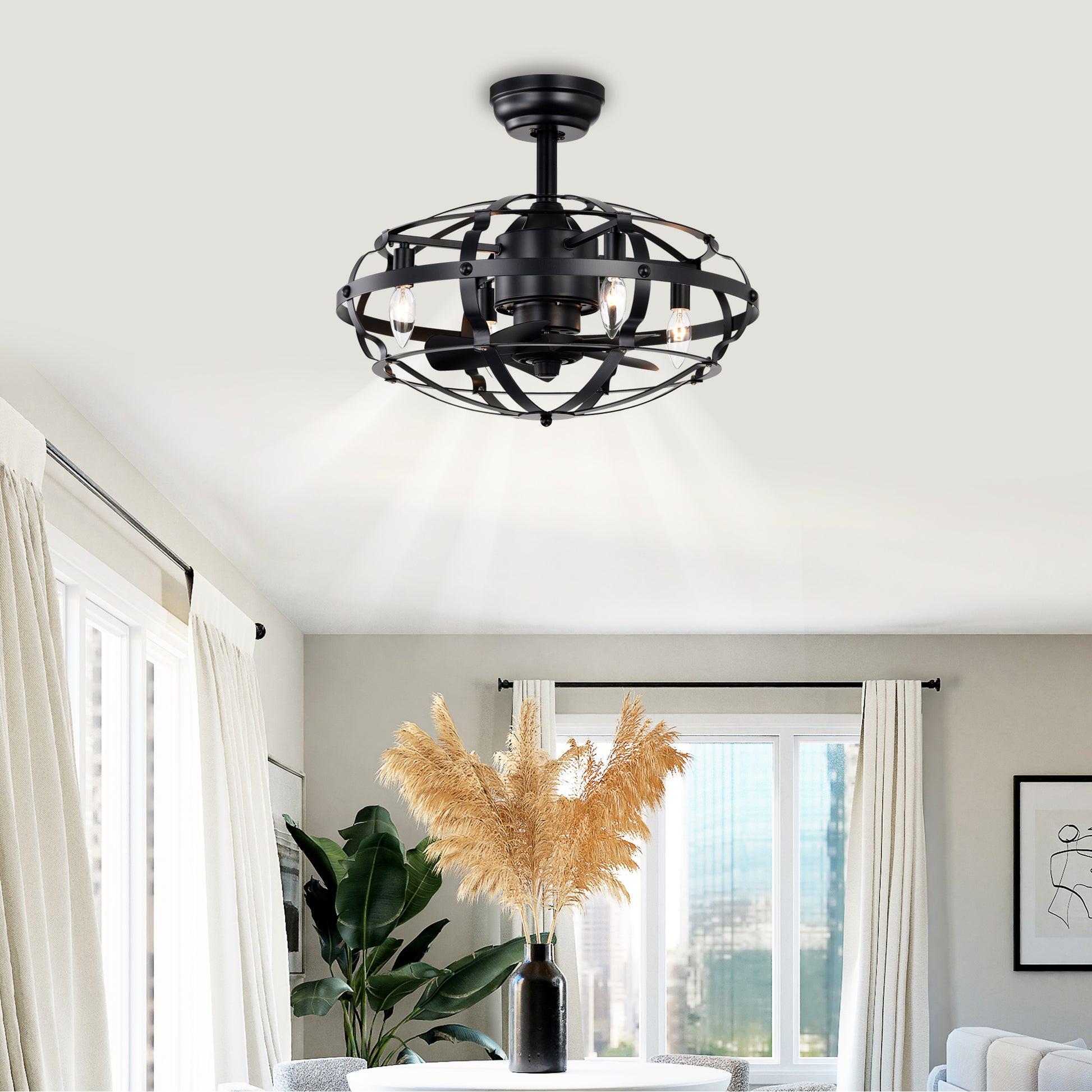 Black industrial cage flush mount ceiling fan with three Edison bulbs