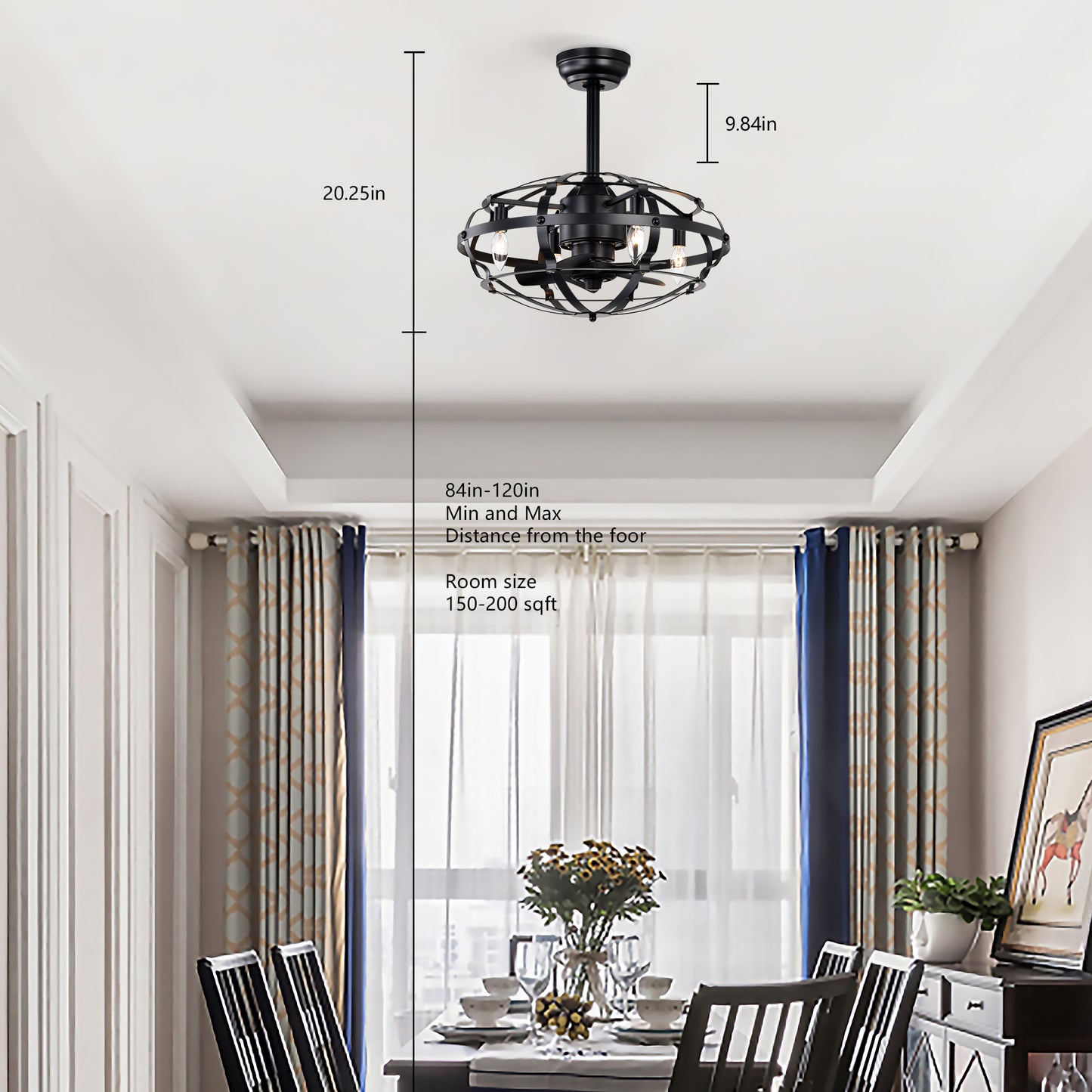 Black industrial cage ceiling fan with  bulbs and remote control