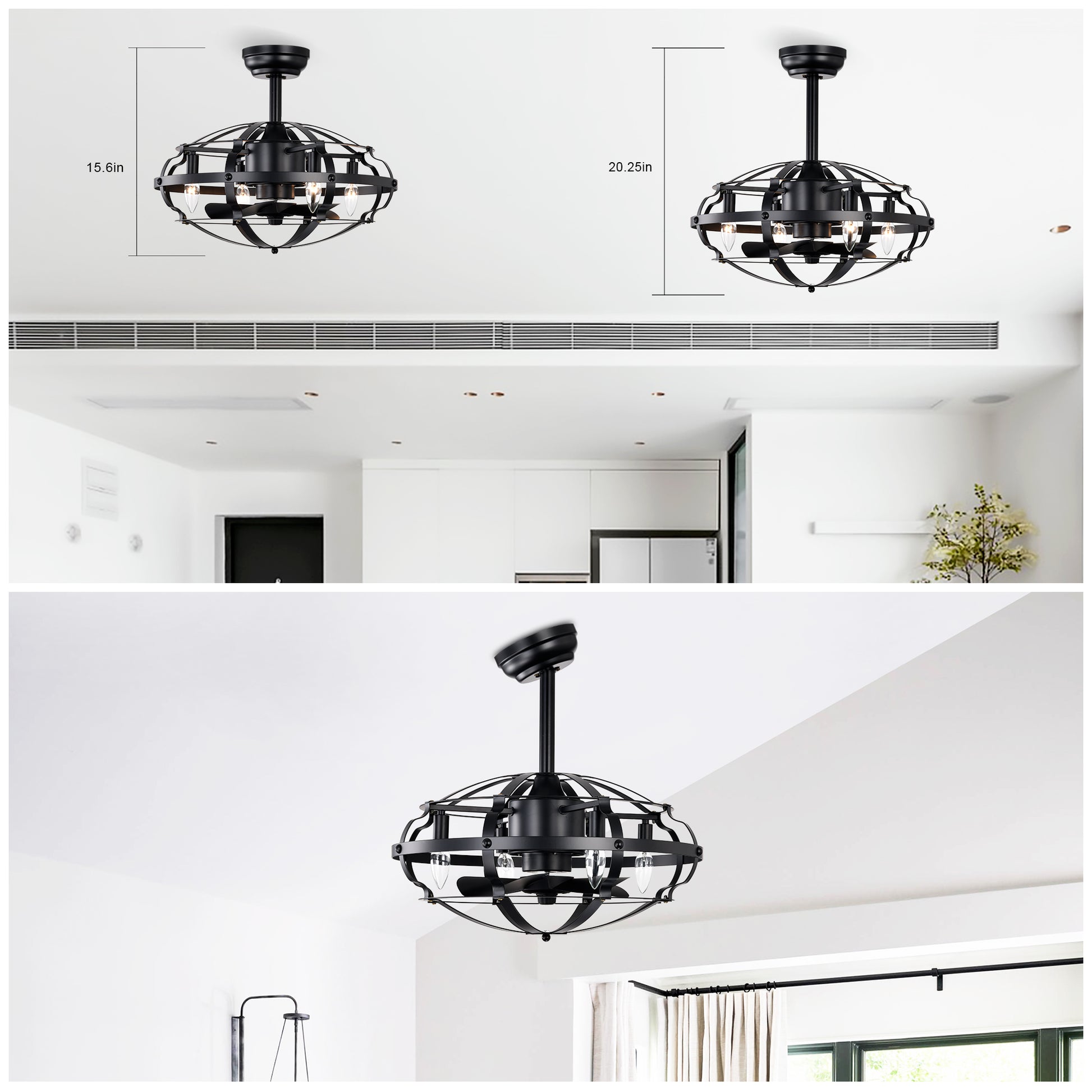Black industrial cage ceiling fan with three lights and retractable blades