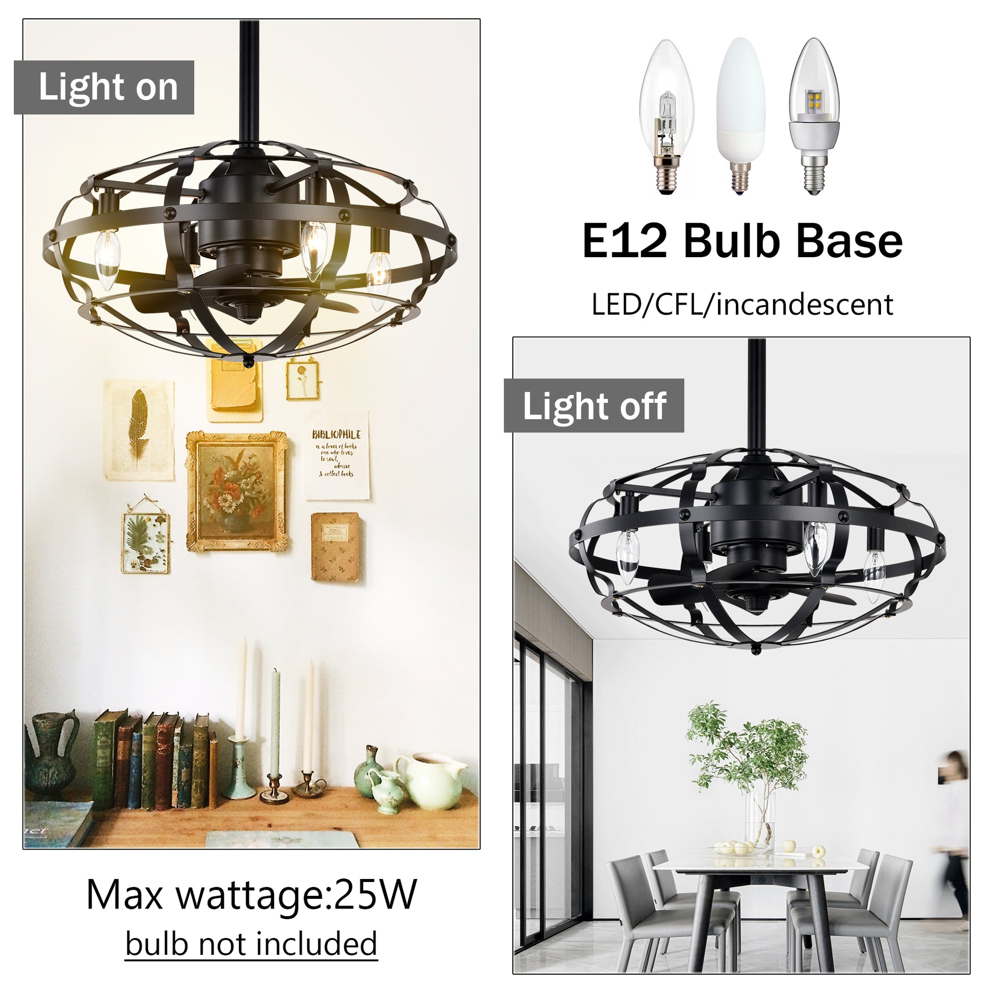 Black industrialstyle cage ceiling fan with E bulb base light on