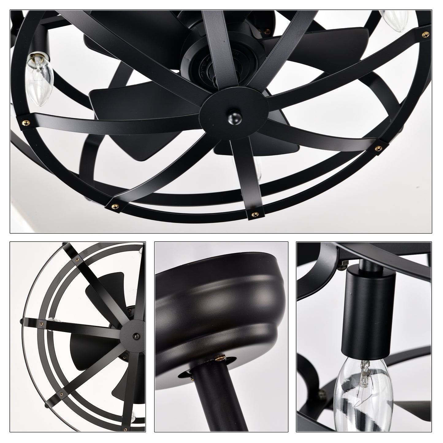 Black industrial cage ceiling fan with exposed Edison bulbs