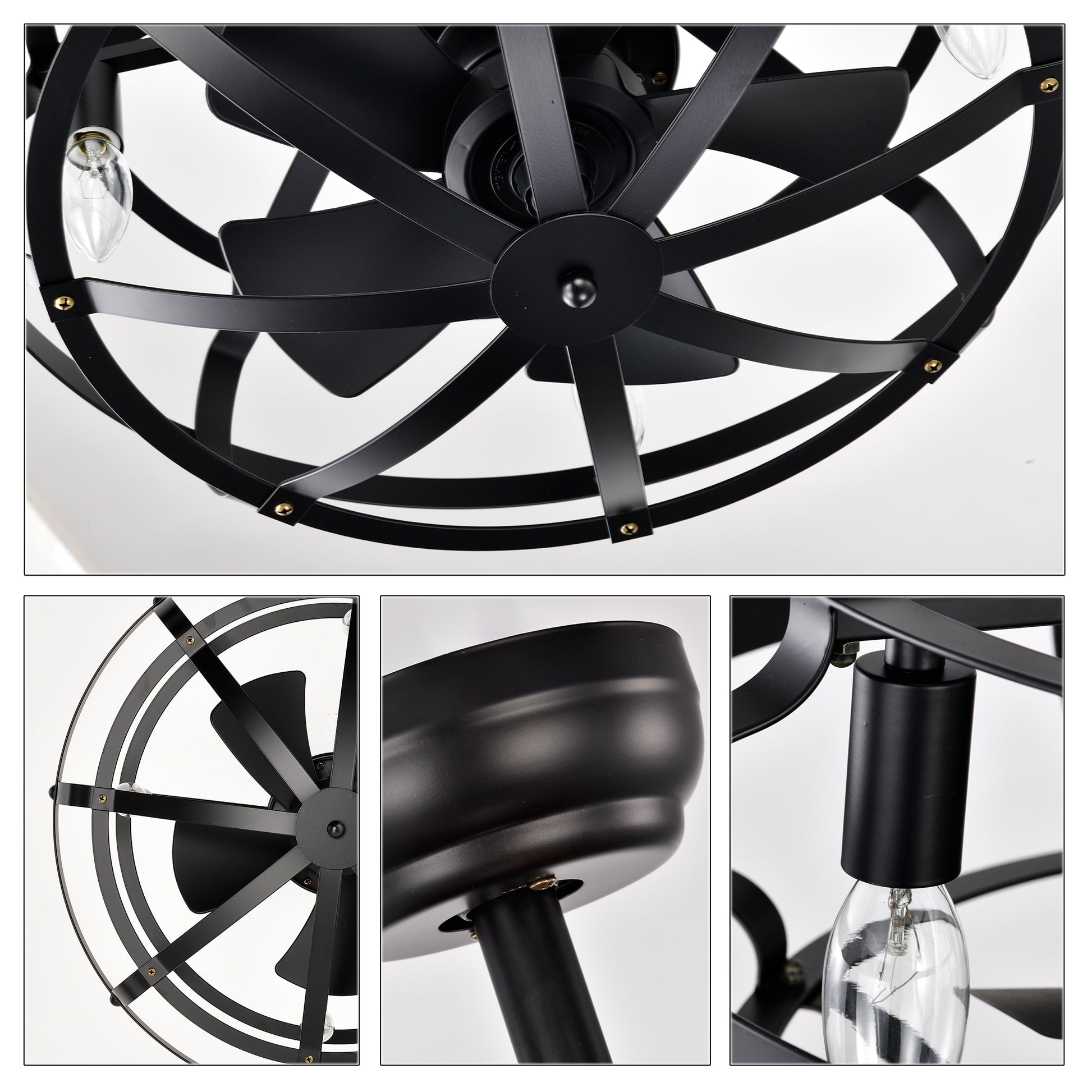 Black industrial cage ceiling fan with exposed Edison bulbs