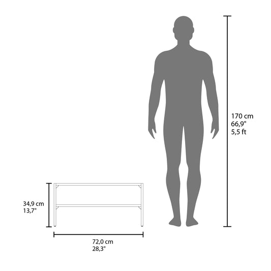 Silver metal twotier shelving unit cm wide cm high shown with a cm human silhouette for scale
