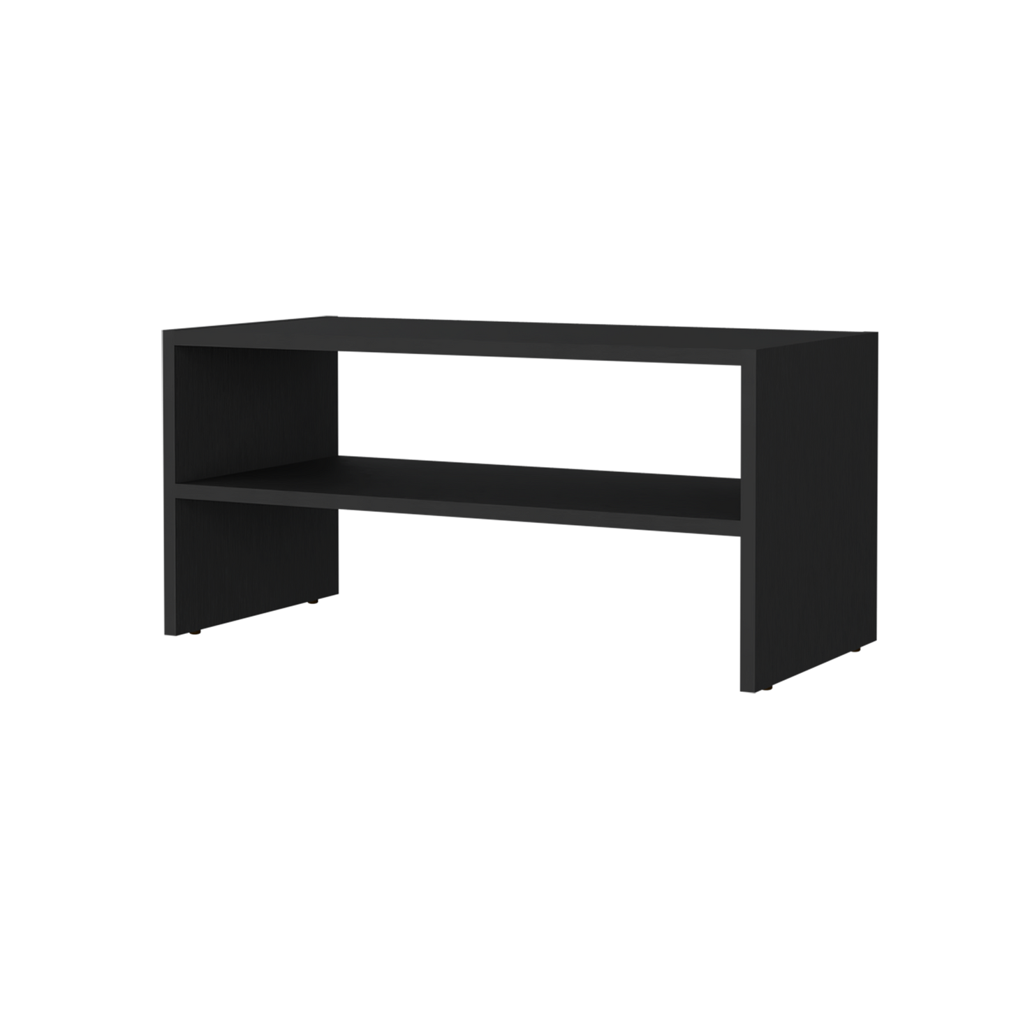 Sleek black twotier shelf unit ideal for media consoles or display
