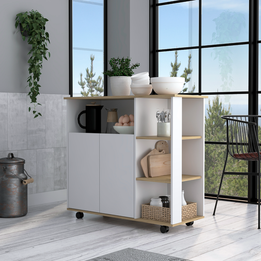 White and oak mobile kitchen island with storage
