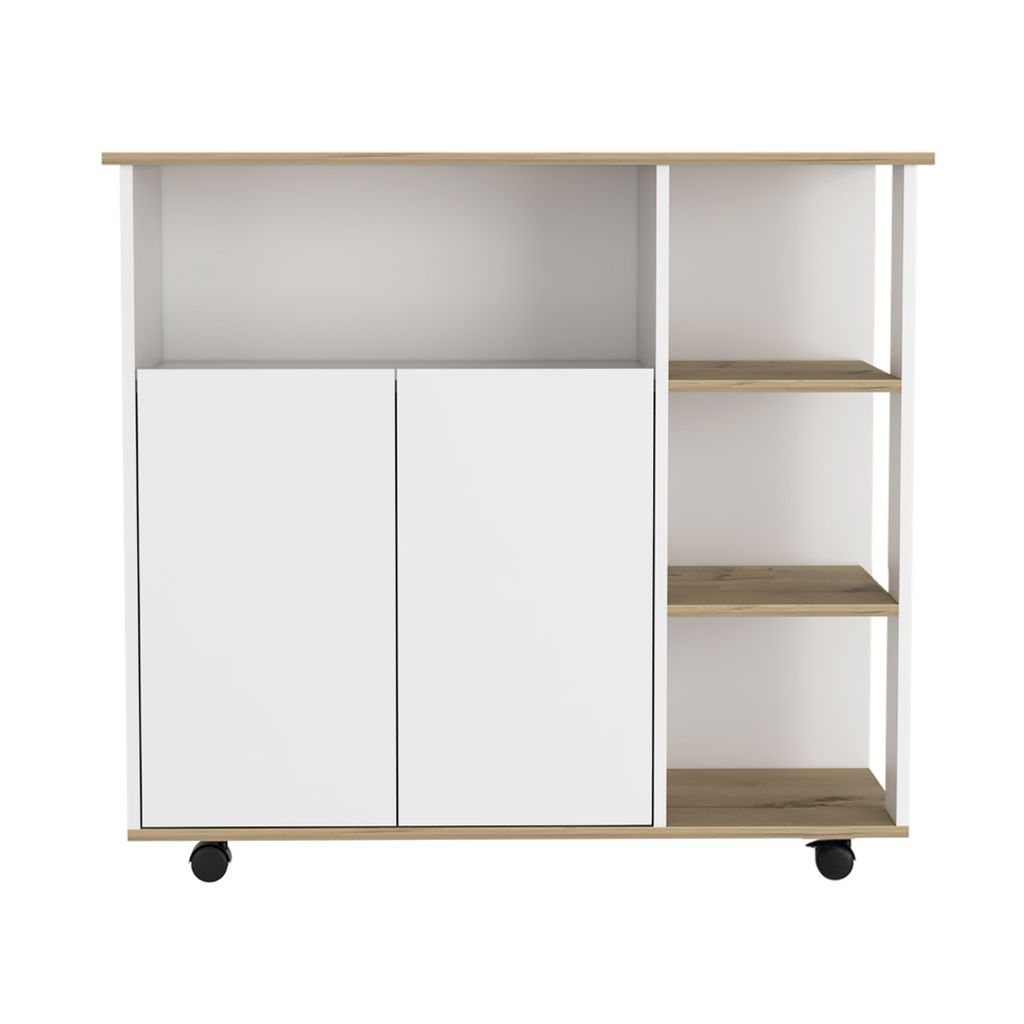 White twodoor cabinet with open shelving