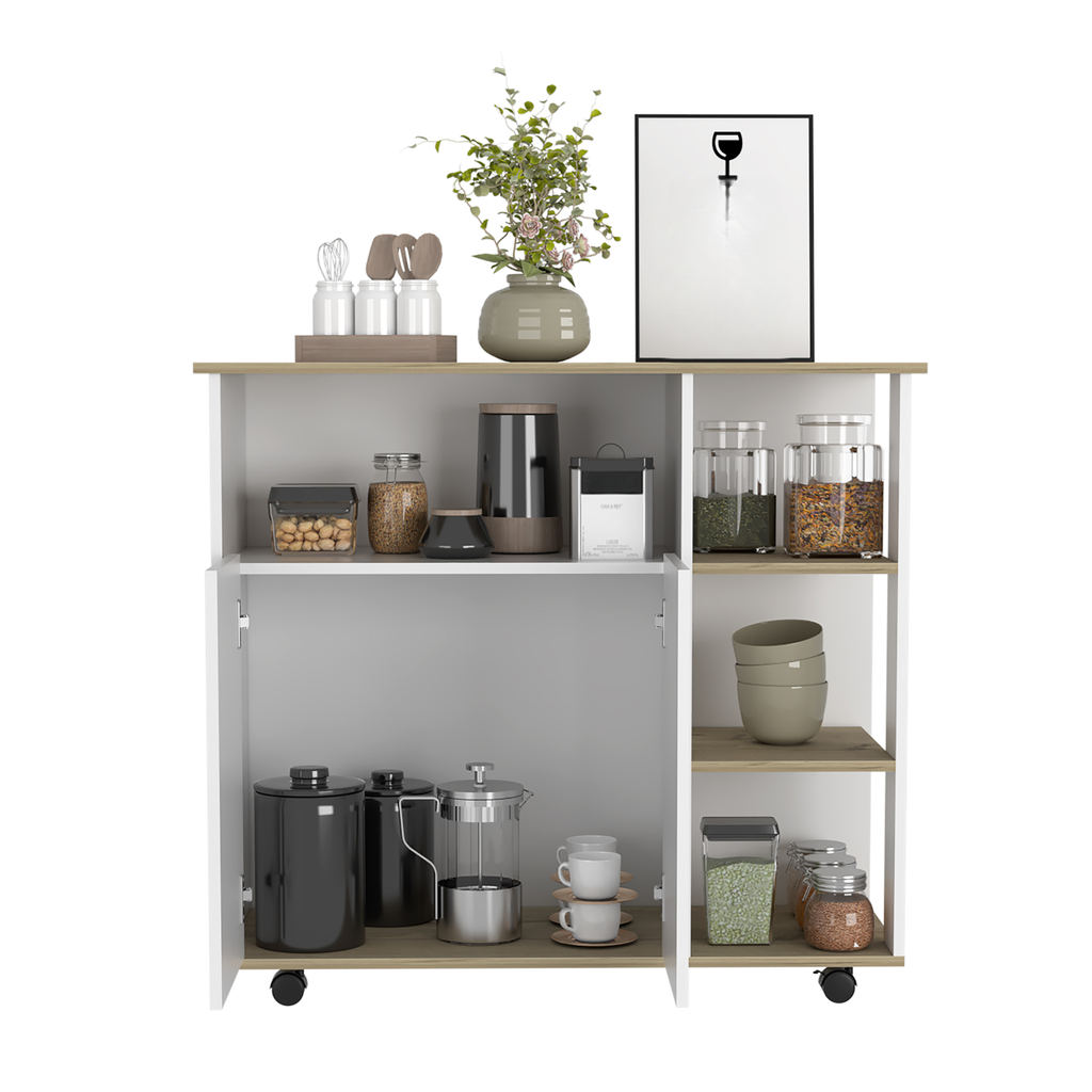 White kitchen cart with oakeffect top and shelves