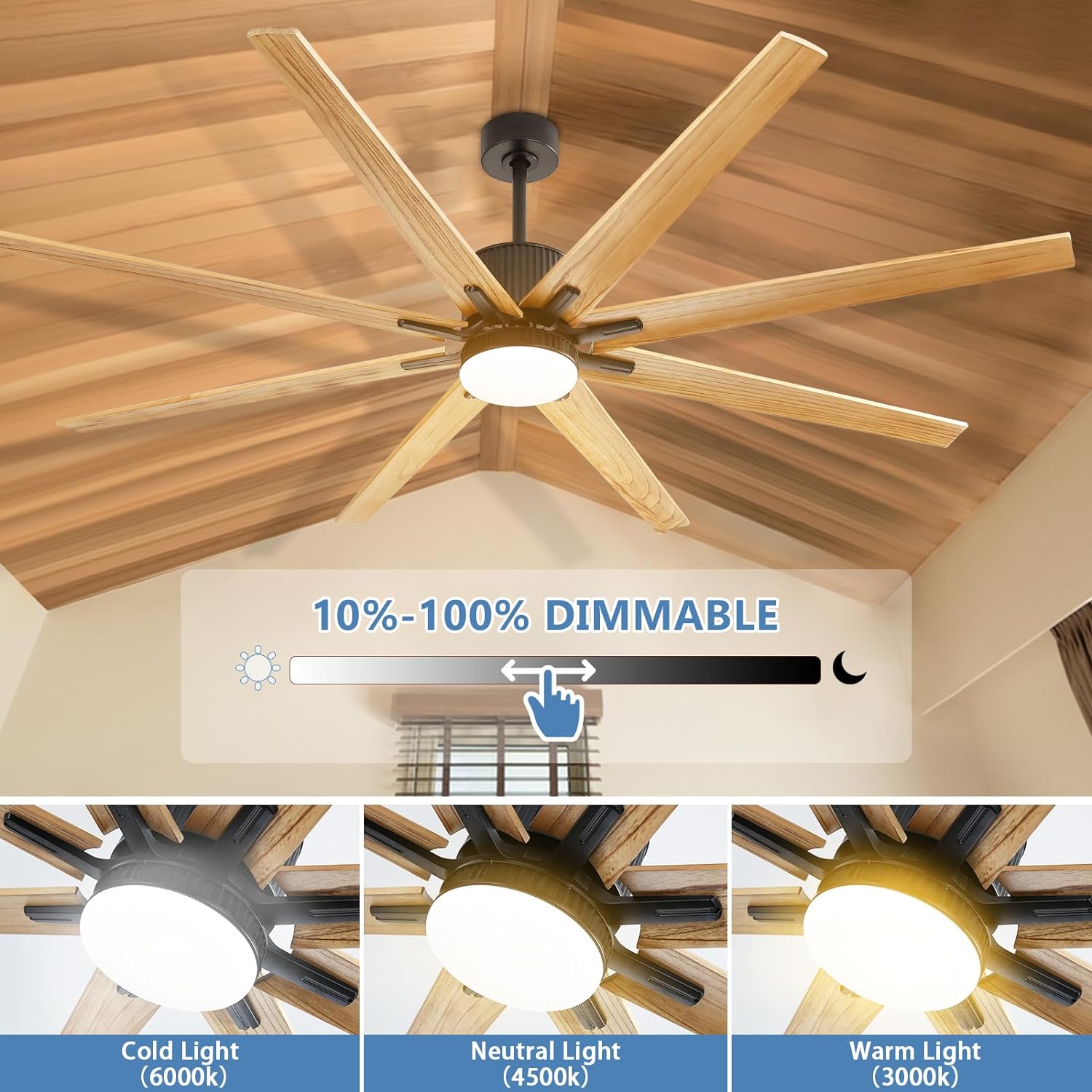Modern blade wood ceiling fan with integrated dimmable LED light kit