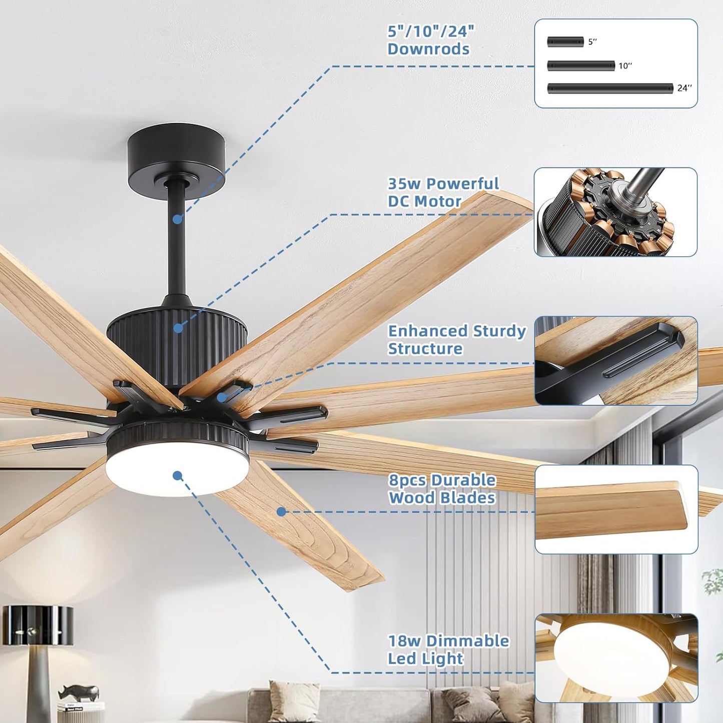 Modern black ceiling fan with  natural wood blades and integrated dimmable LED light