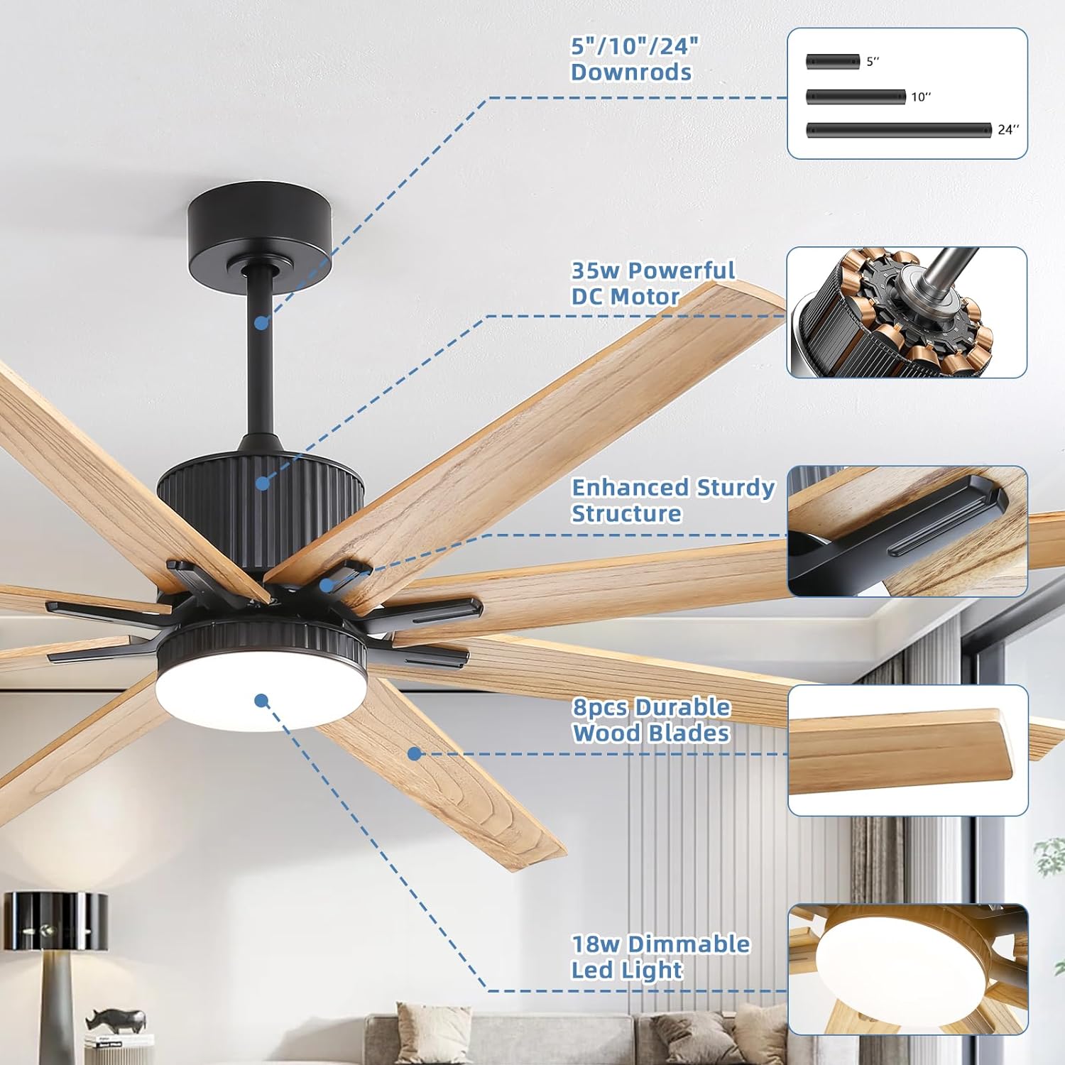 Modern black ceiling fan with  natural wood blades and integrated dimmable LED light