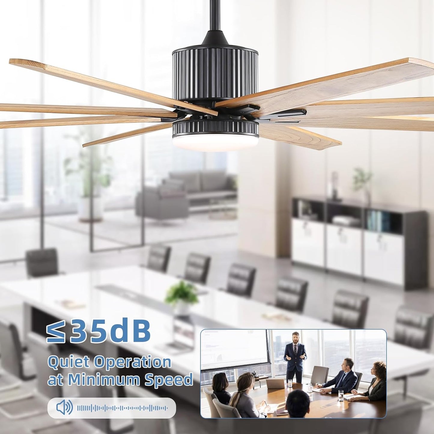 Black modern ceiling fan with  natural wood blades and integrated LED light