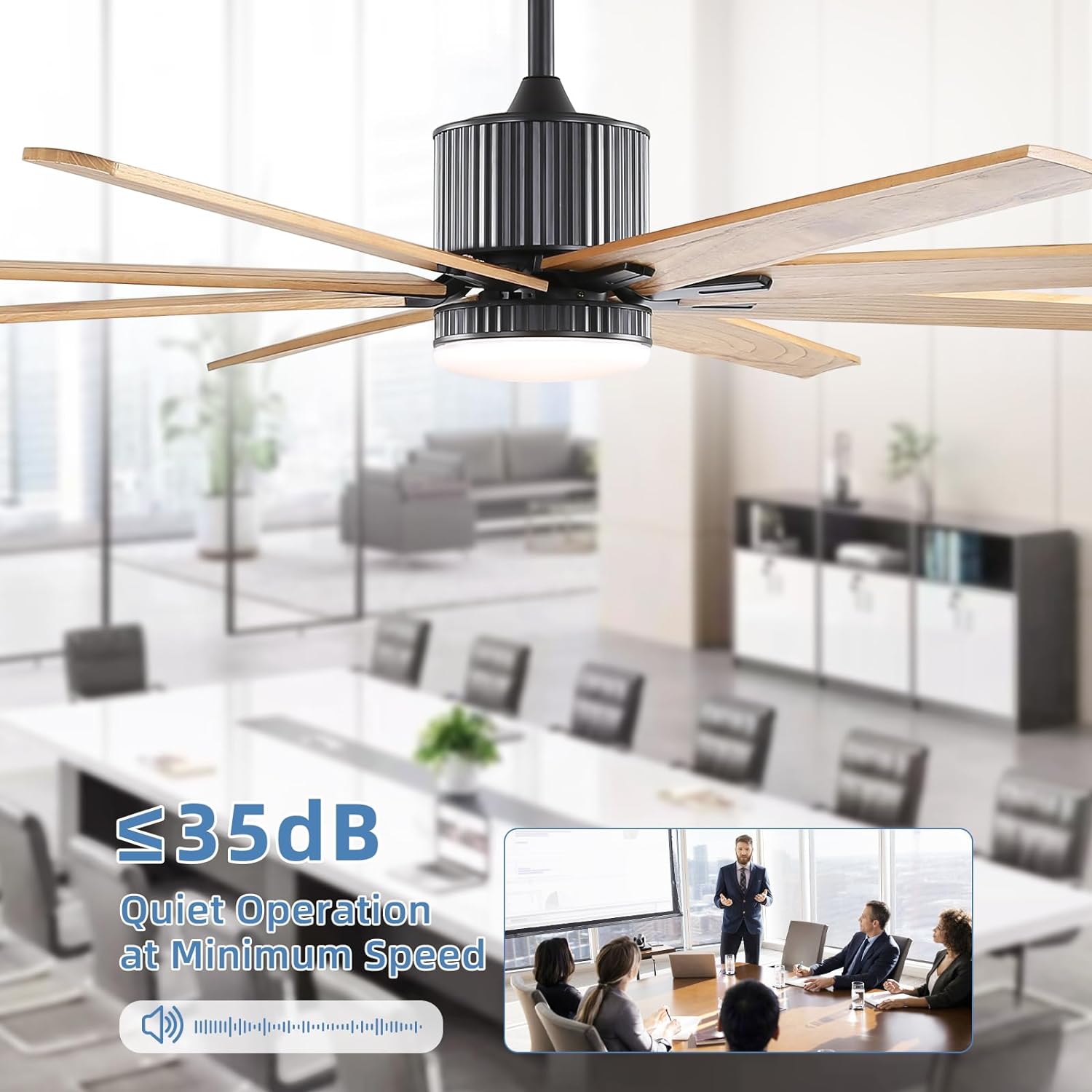 Black modern ceiling fan with  natural wood blades and integrated LED light