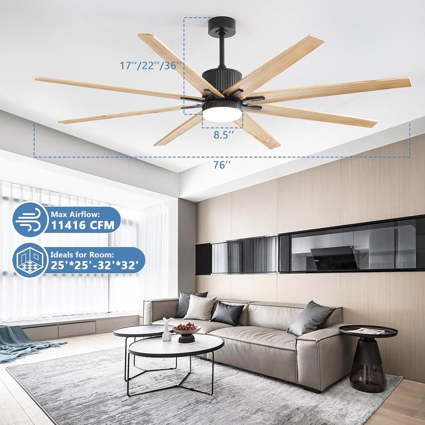 Modern black and natural wood blade ceiling fan with LED light in a living room setting
