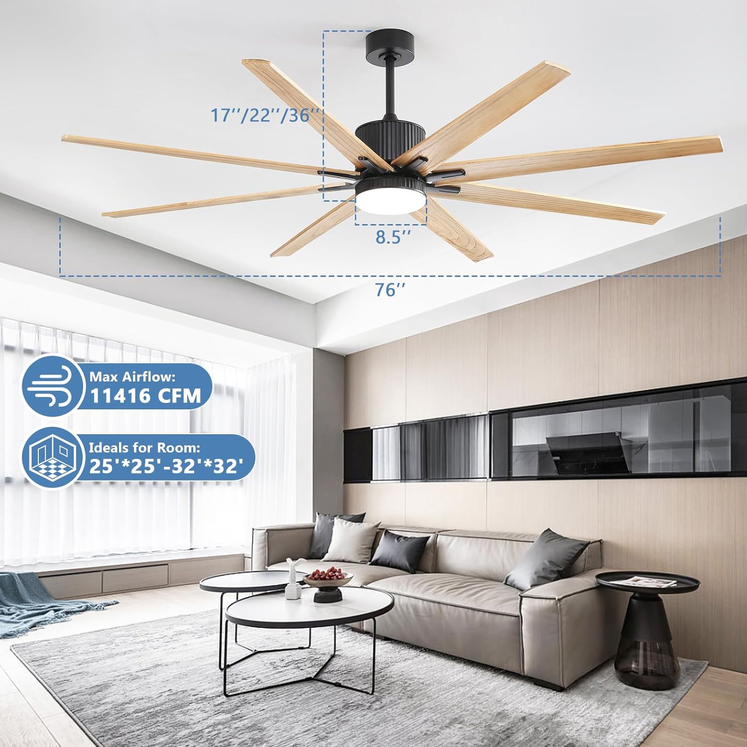 Modern black and natural wood blade ceiling fan with LED light in a living room setting