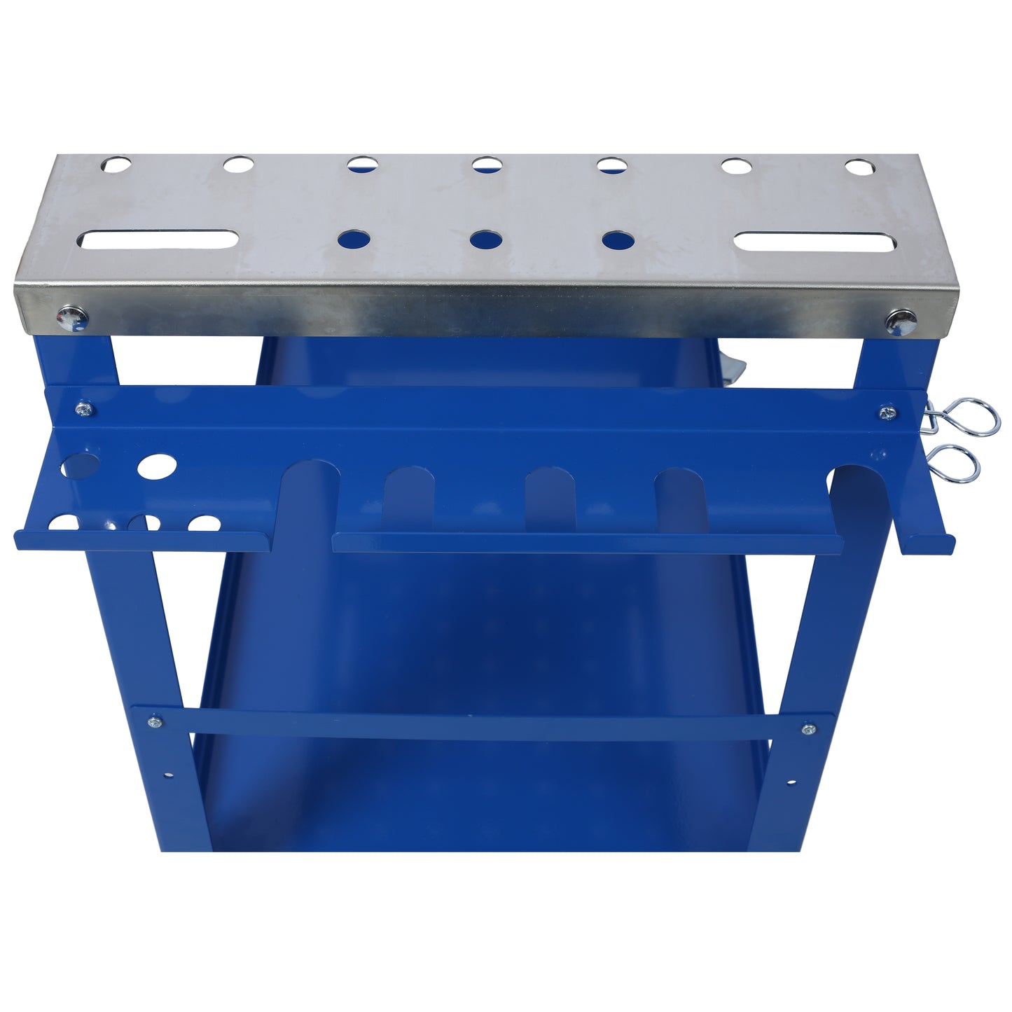 Blue metal workbench organizer with steel top and tool slots