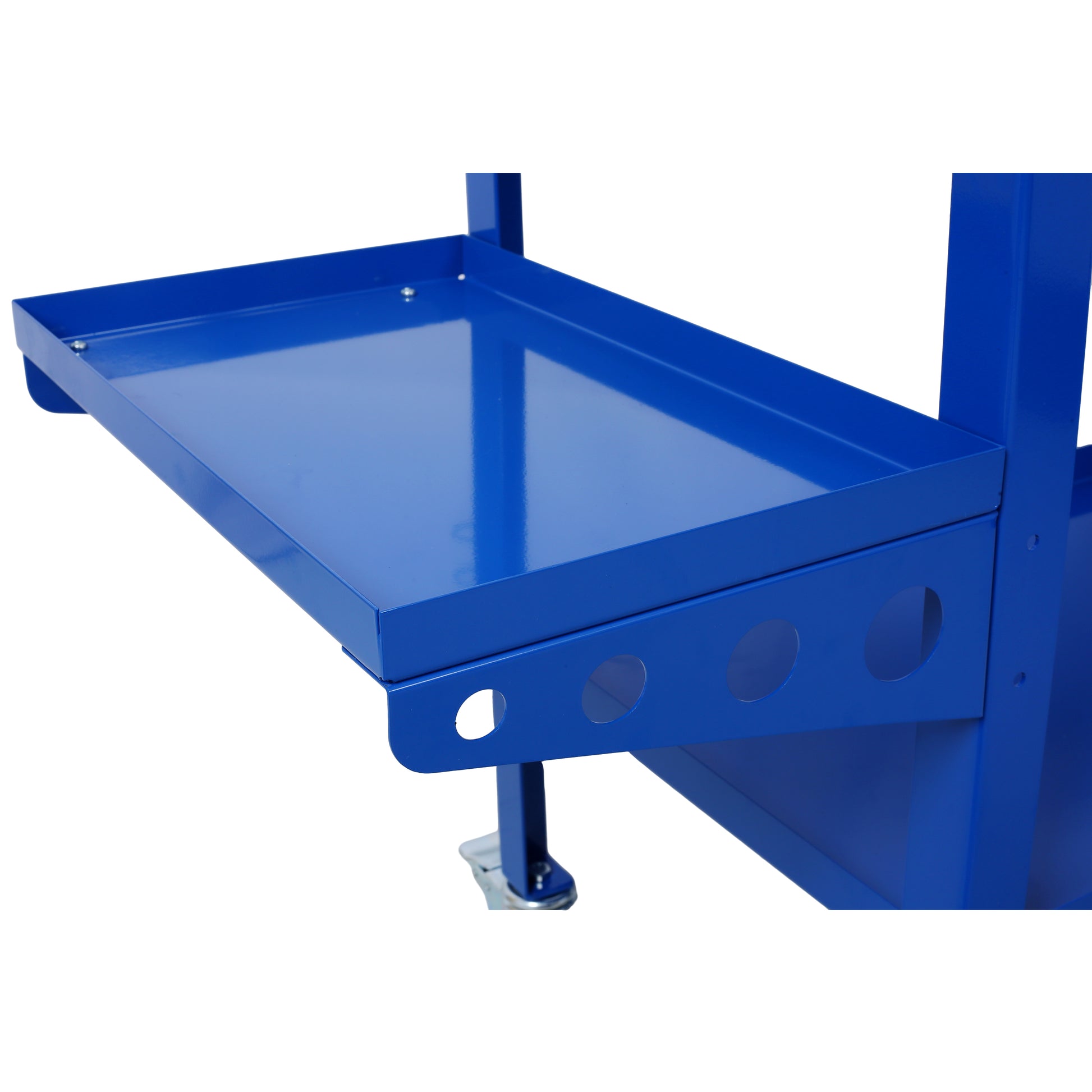 Blue metal rolling tool cart with a raised edge shelf and casters visible