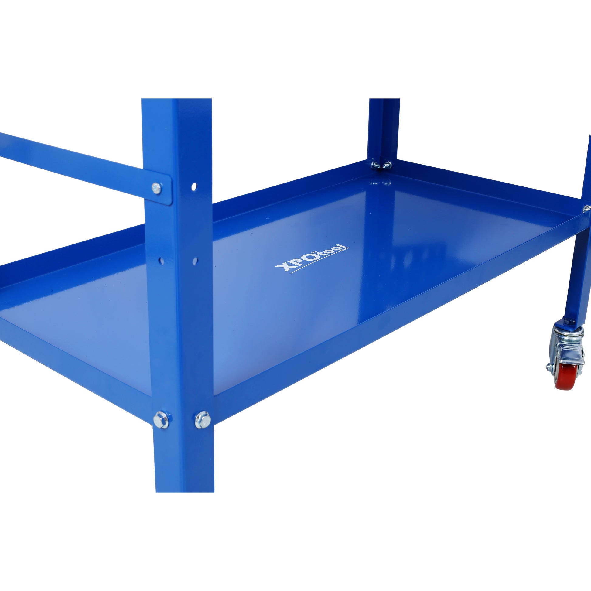 Blue steel rolling tool cart with two shelves for garage organization