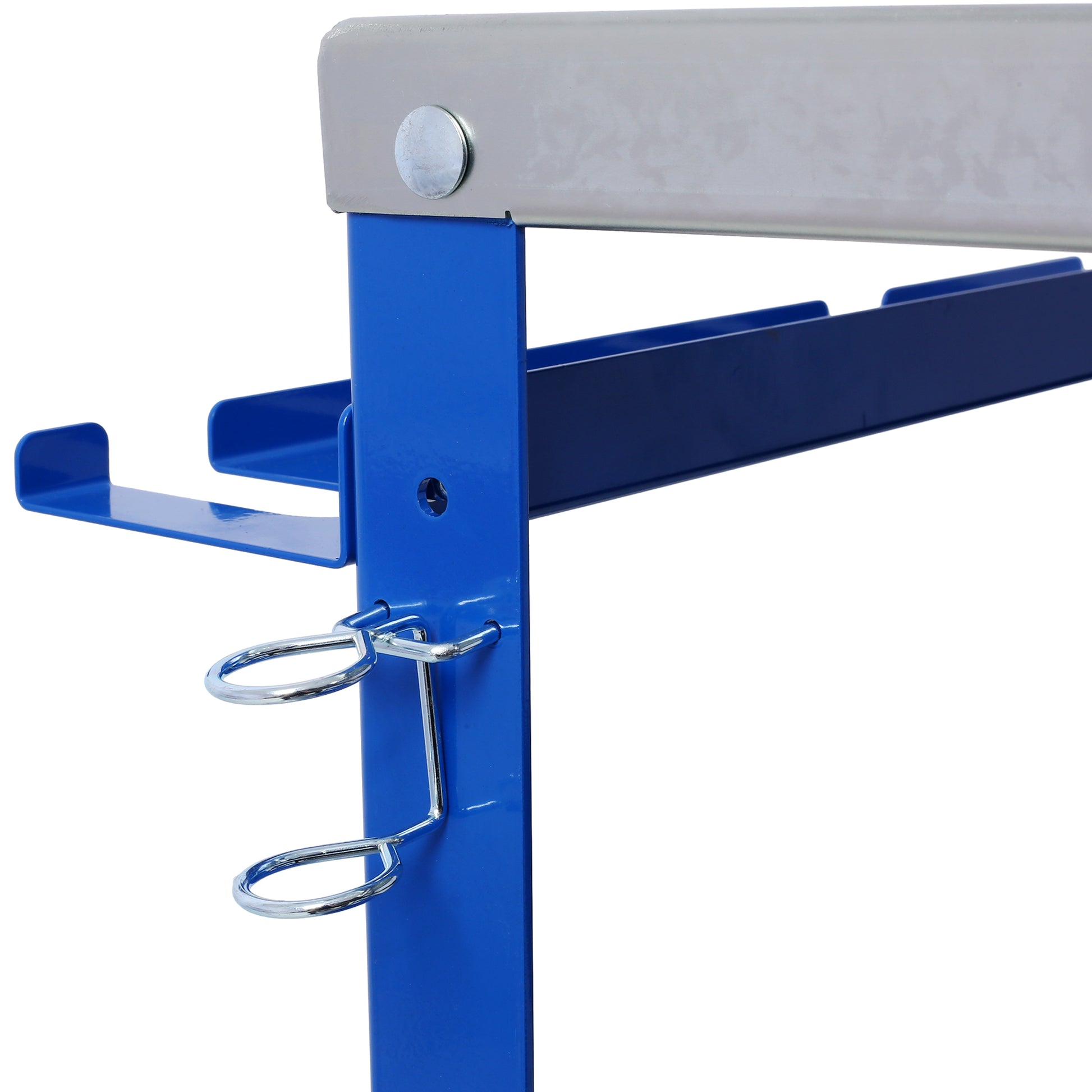 Blue metal storage rack with chrome hooks for hanging items