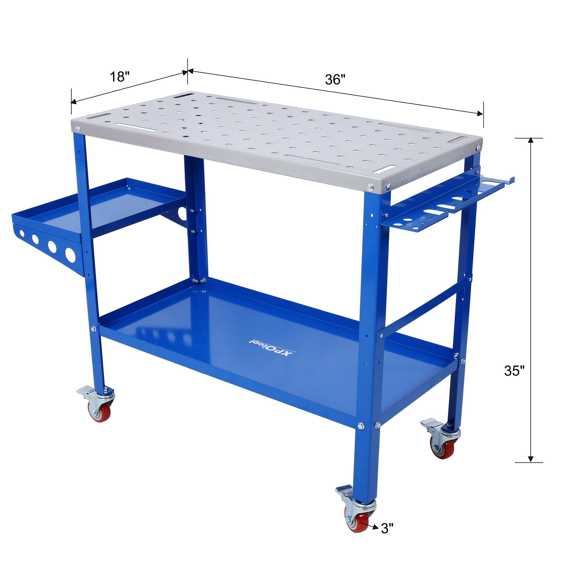 Blue steel workbench on wheels with perforated top and storage trays  inches