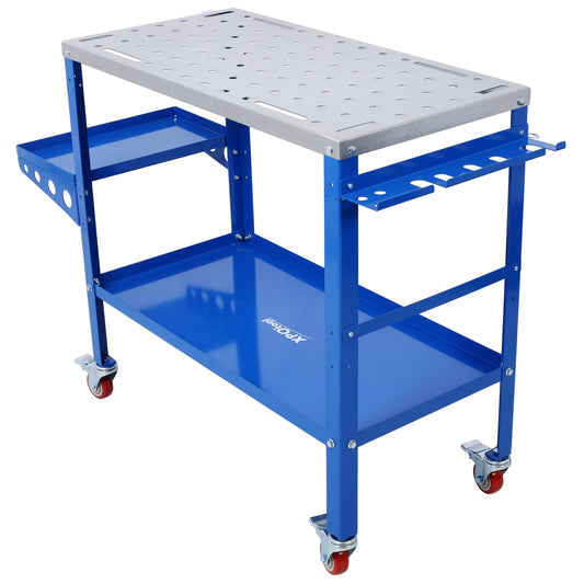 Blue steel mobile workbench with perforated top and tool holders ideal for garage use