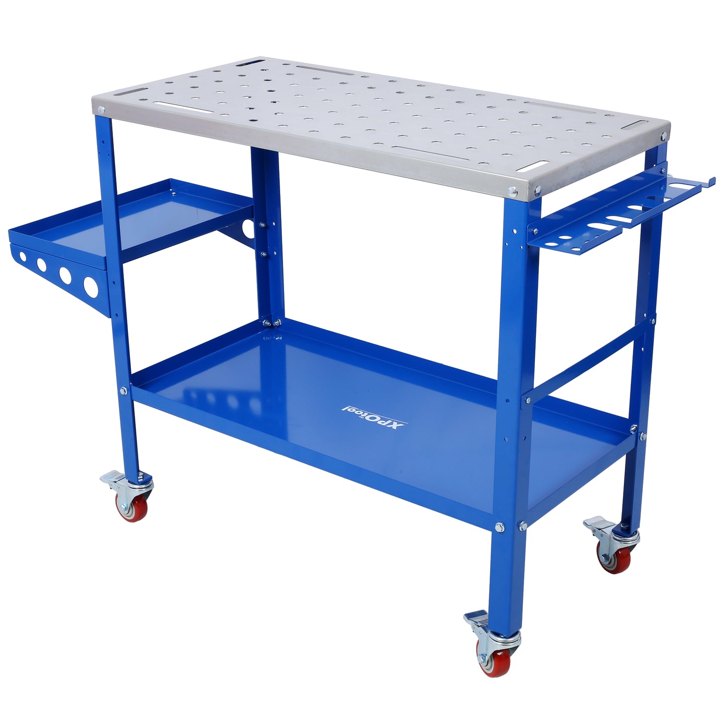 Blue metal workbench cart with perforated top surface and three shelves ideal for garage organization