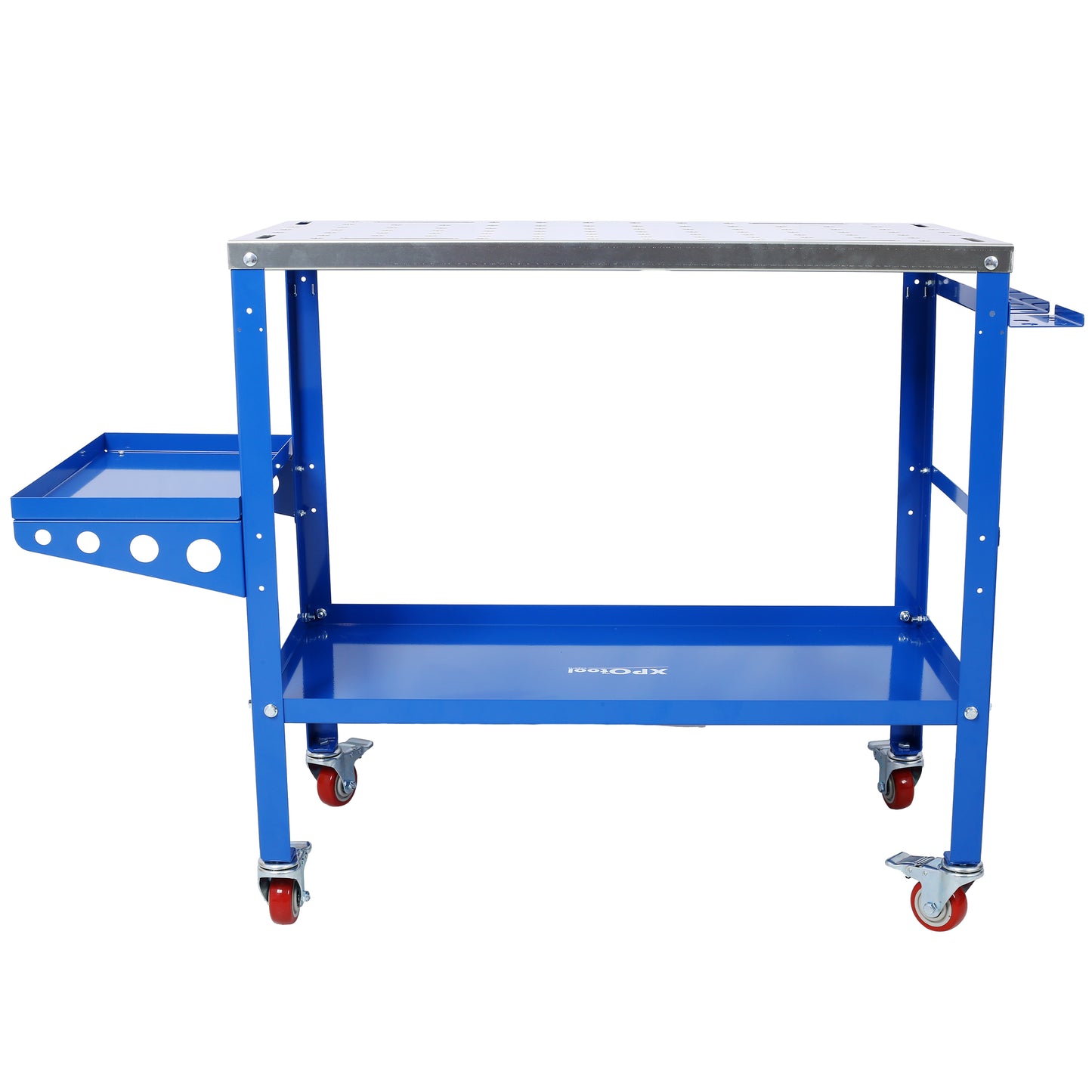 Blue rolling workbench with perforated top shelf and storage tray