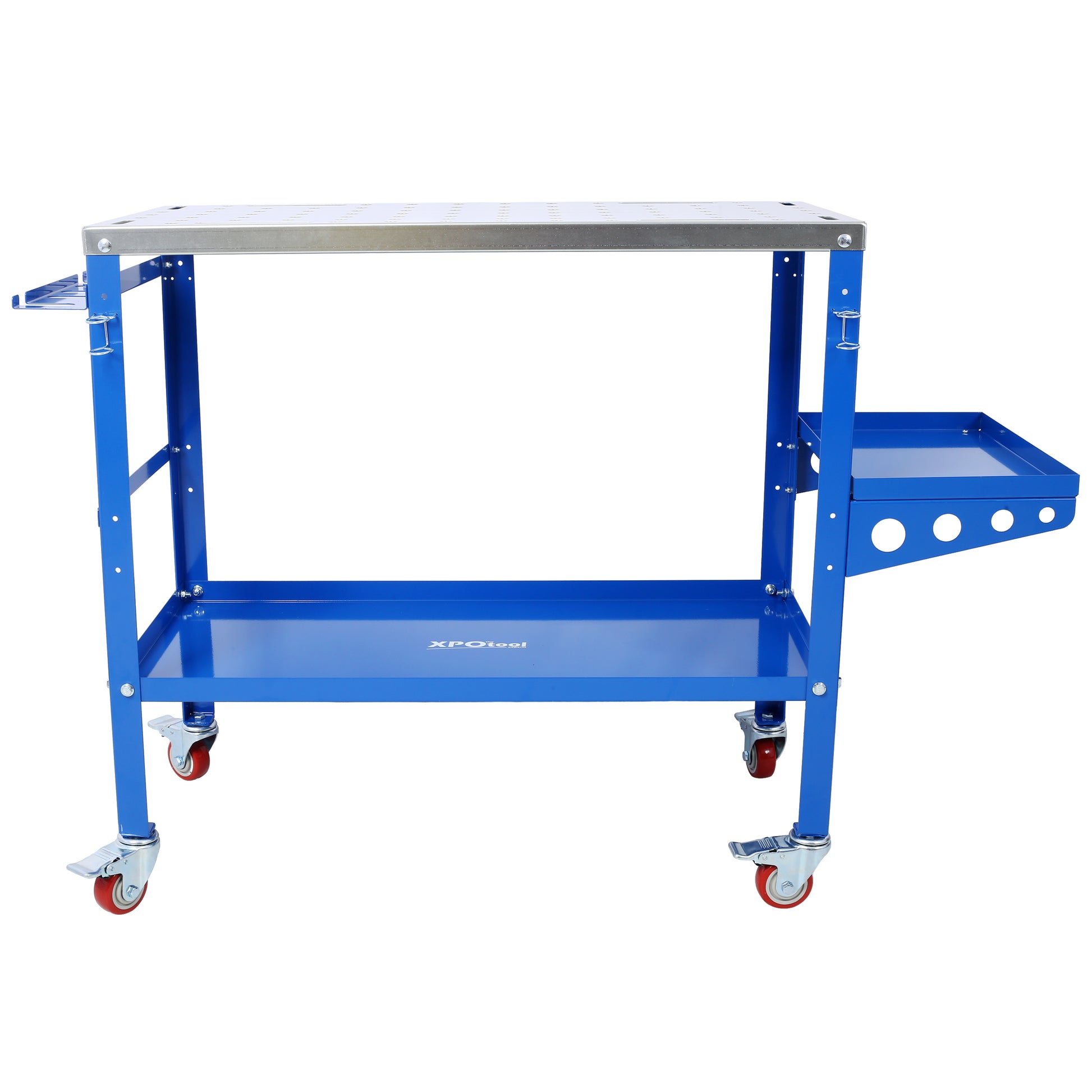 Blue metal tool cart with stainless steel top shelf and multiple storage trays on casters