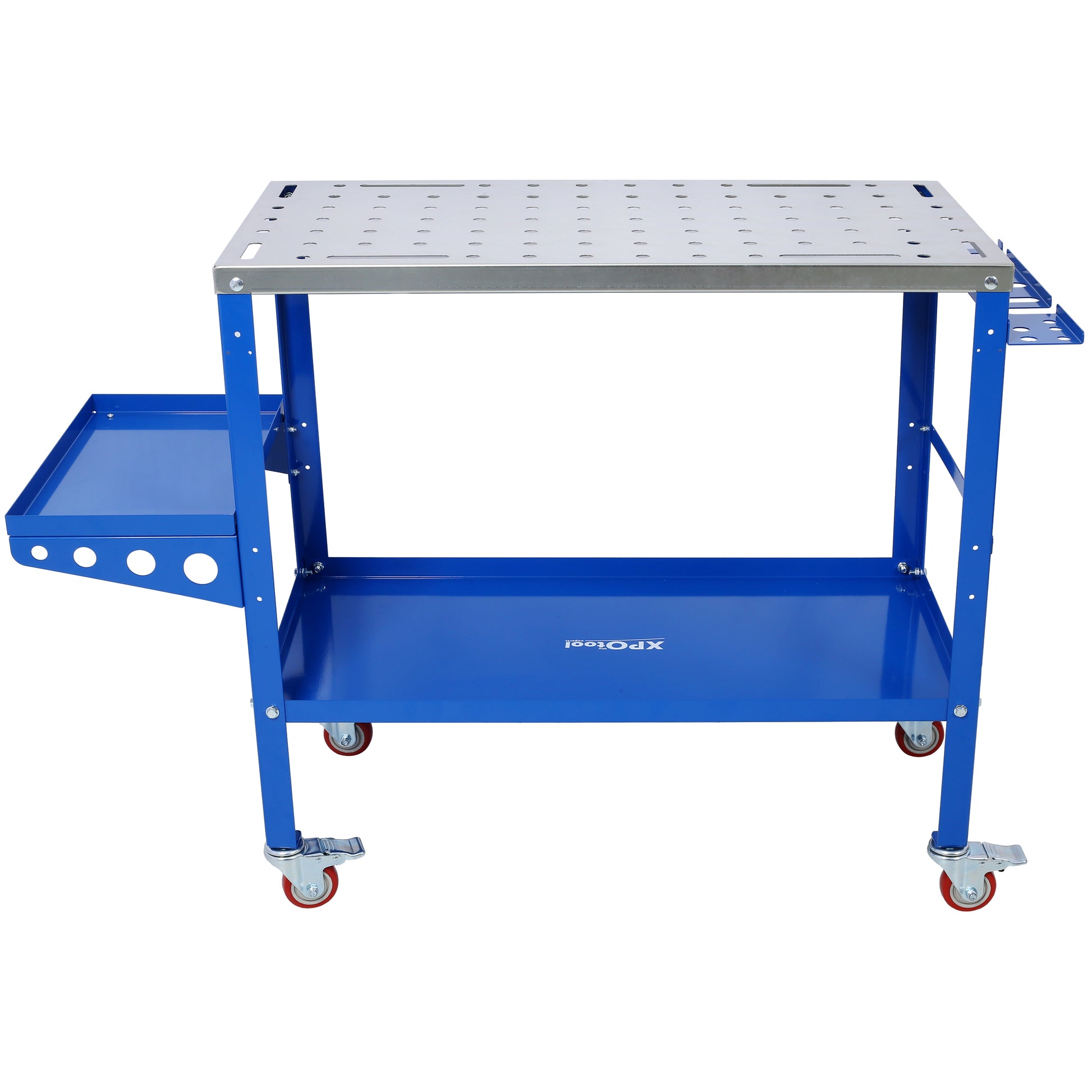 Blue metal welding cart with perforated stainless steel top and lower shelf with tool holders