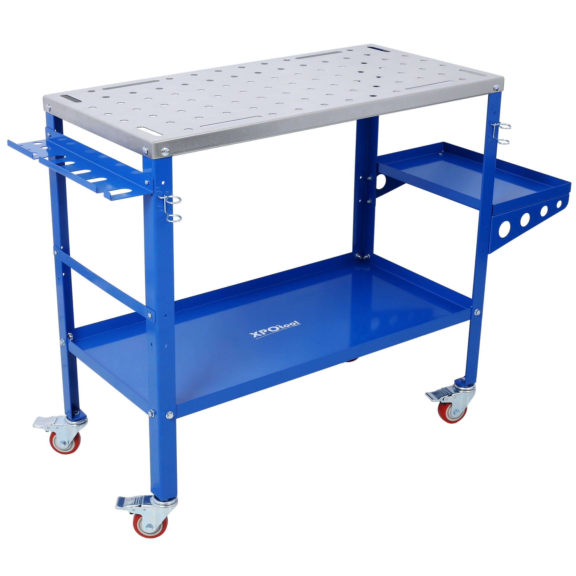 Blue metal workbench with perforated top multiple shelves and casters for mobility