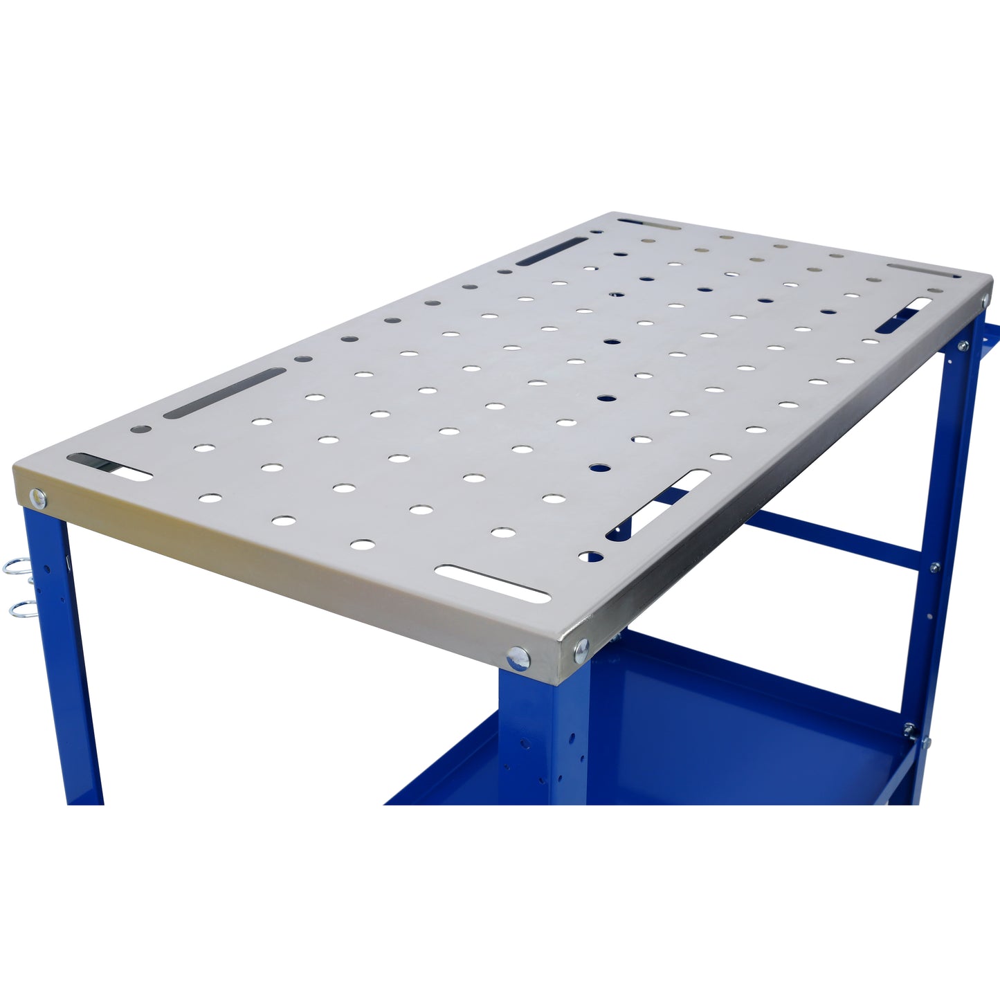 Blue metal welding table with a perforated steel top and storage shelf