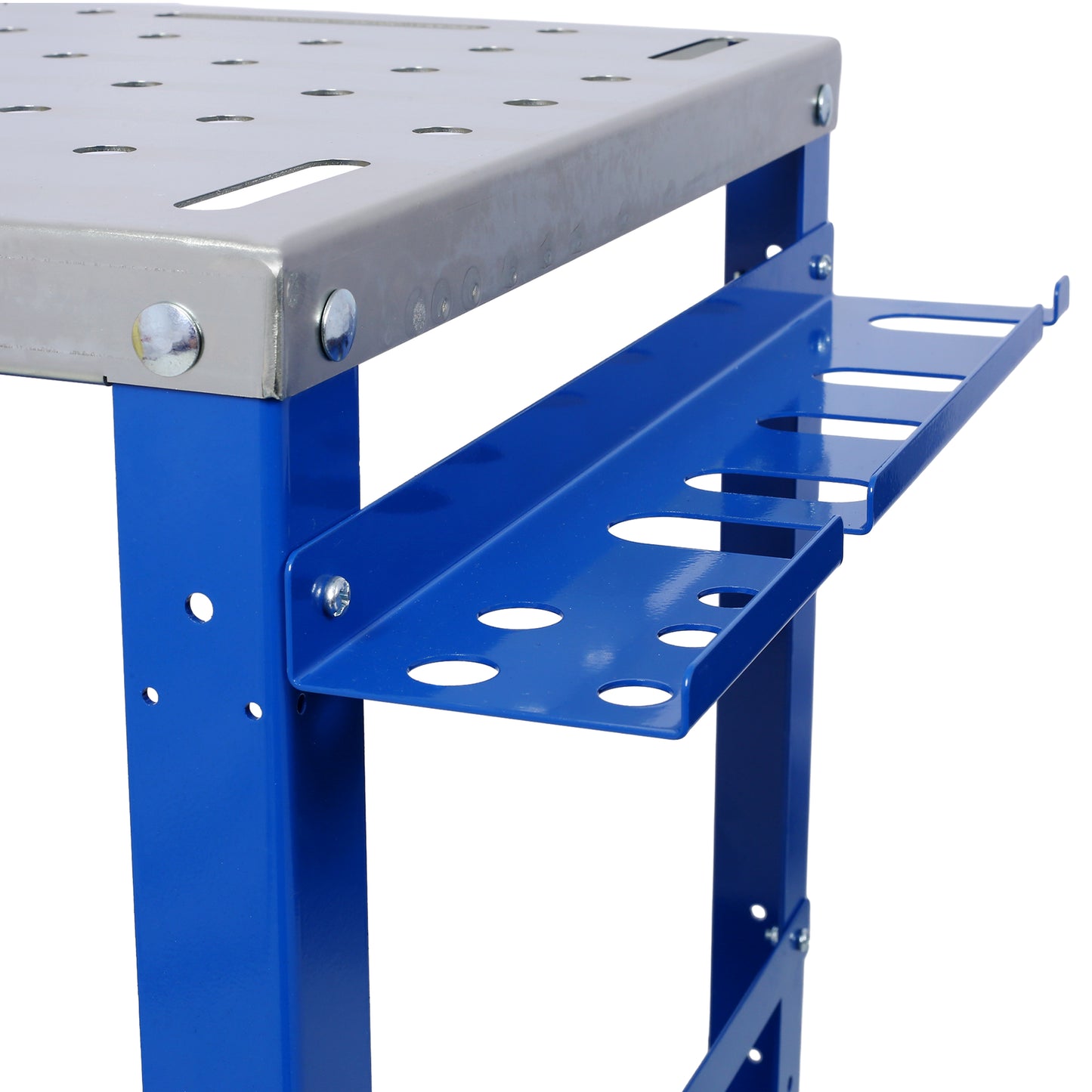 Blue steel workbench with metal top and tool holder attachment