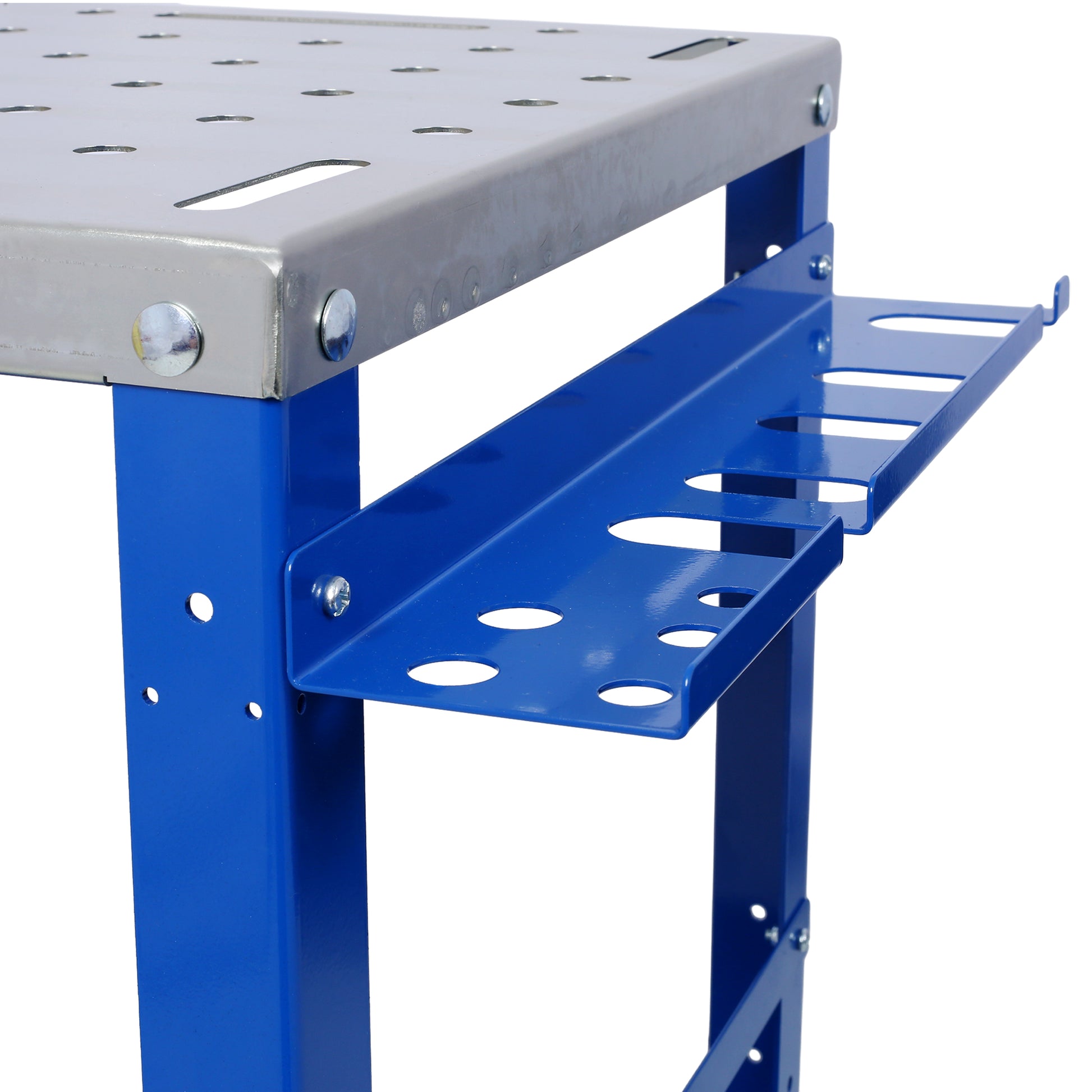 Blue steel workbench with metal top and tool holder attachment