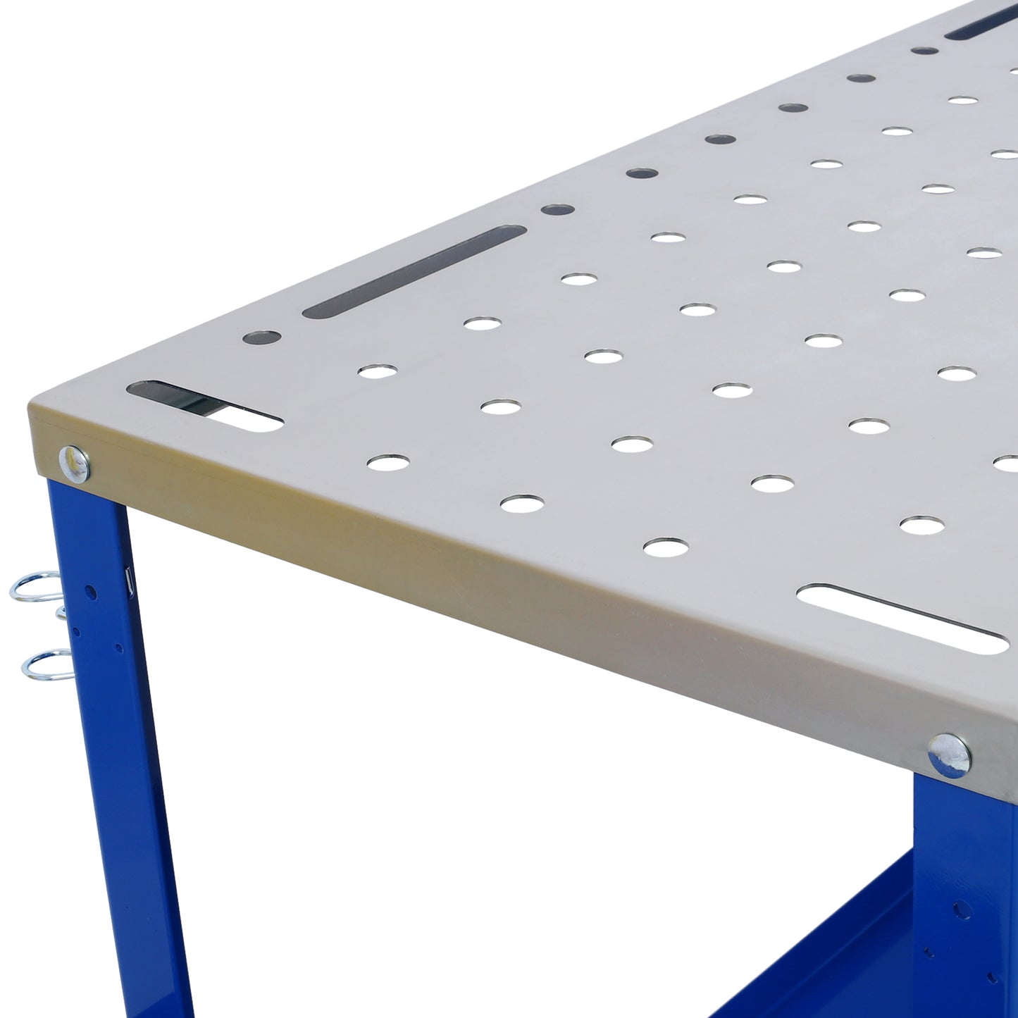 Heavy duty workbench with perforated metal surface and blue steel frame for workshop use