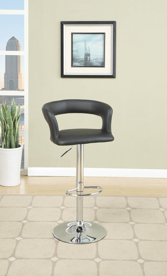 Black leather adjustable bar stool with chrome base and footrest