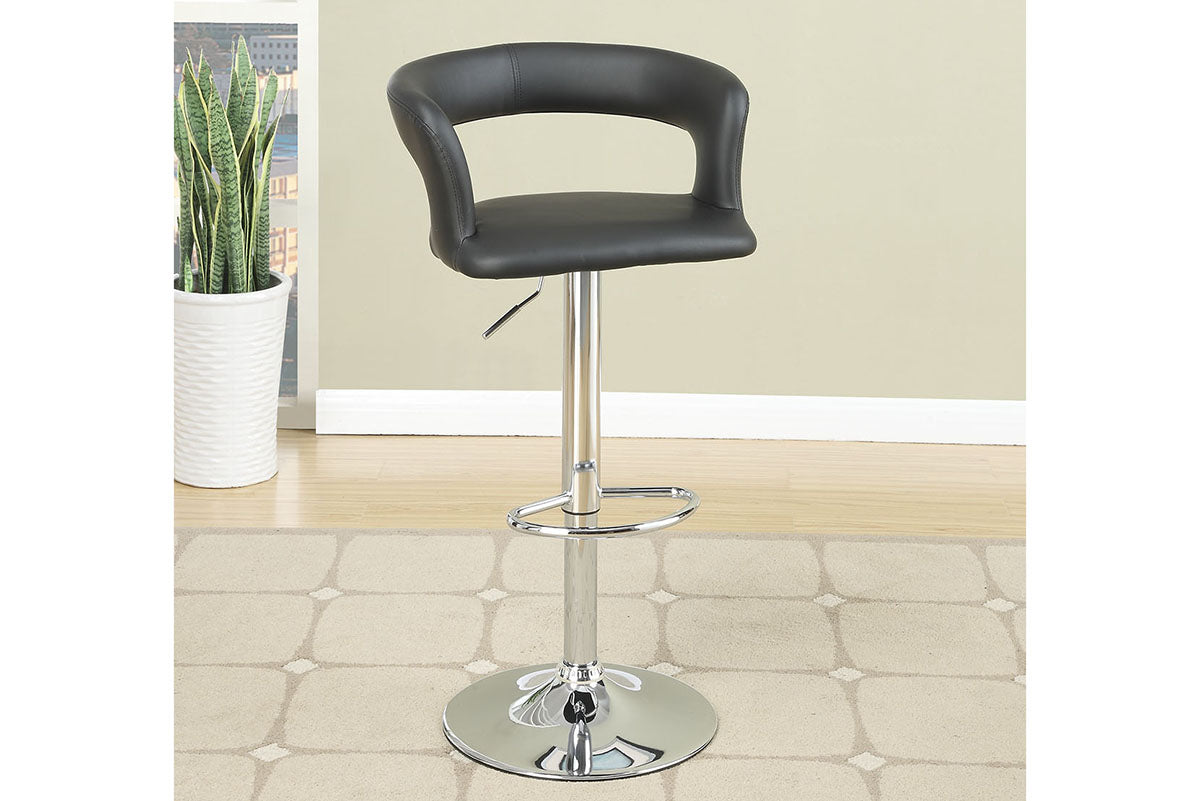 Black leather adjustable bar stool with curved back and chrome base