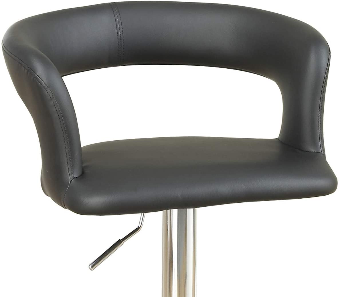 Black leather swivel bar stool with adjustable height and chrome base