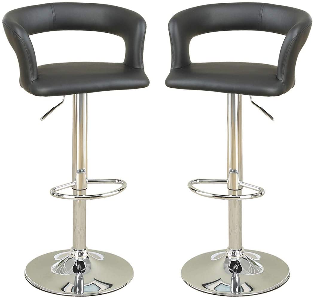 Pair of black leather bar stools with chrome base and adjustable height