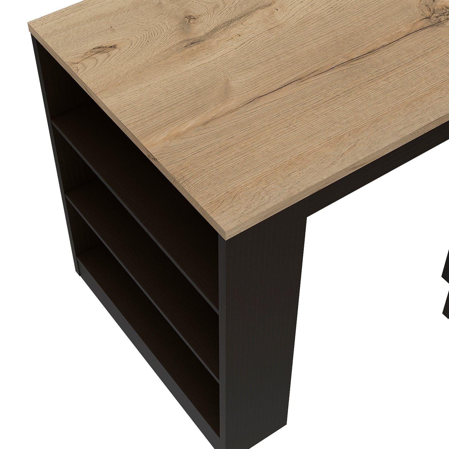 Modern bookshelf with a light oak wood top and dark espresso base