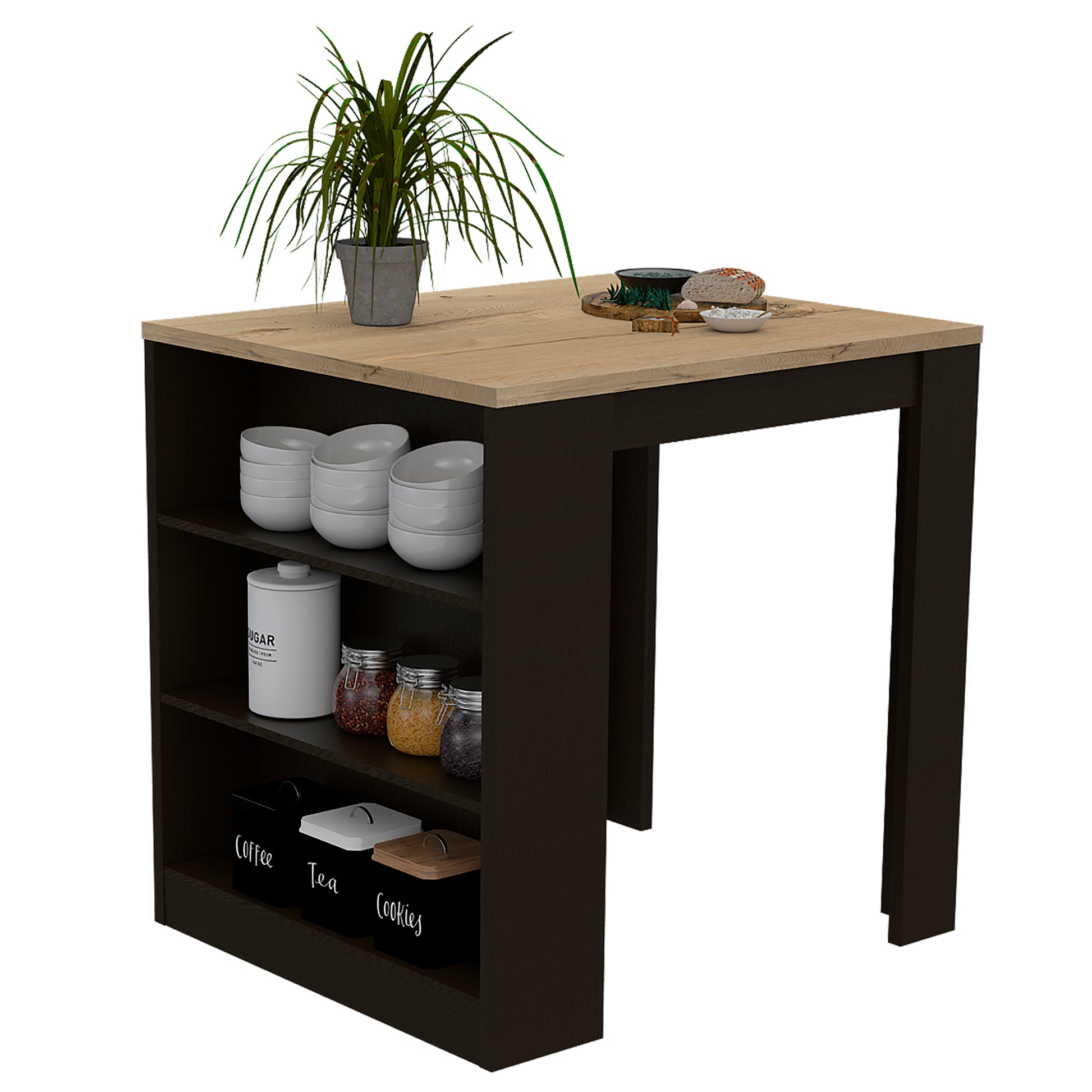 Compact dining table with builtin shelving and wooden top
