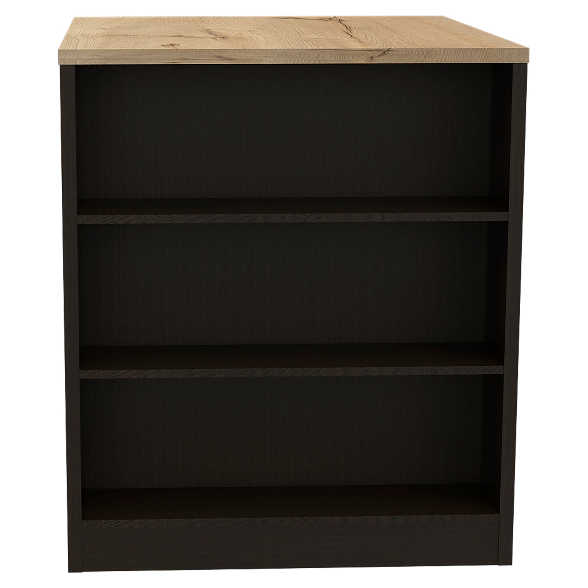 Dark brown bookshelf with three open shelves and a light wood top