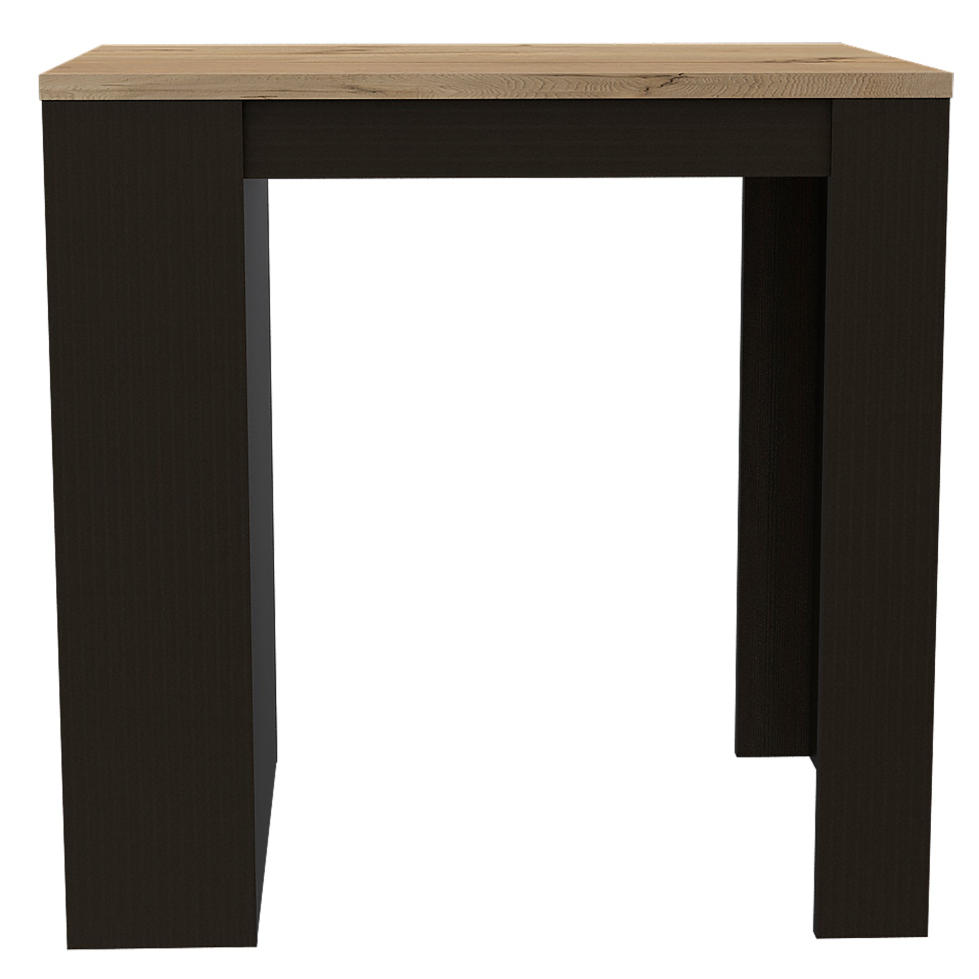 Modern console table with a dark brown wood finish and a light oak top