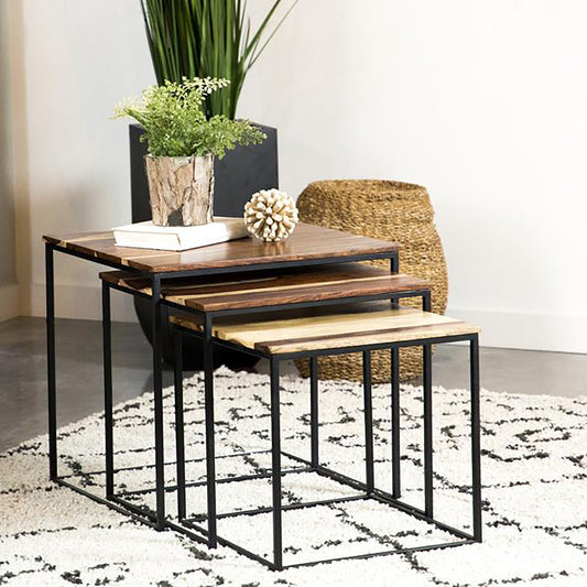 Threetiered nesting tables with dark wood tops and black metal legs